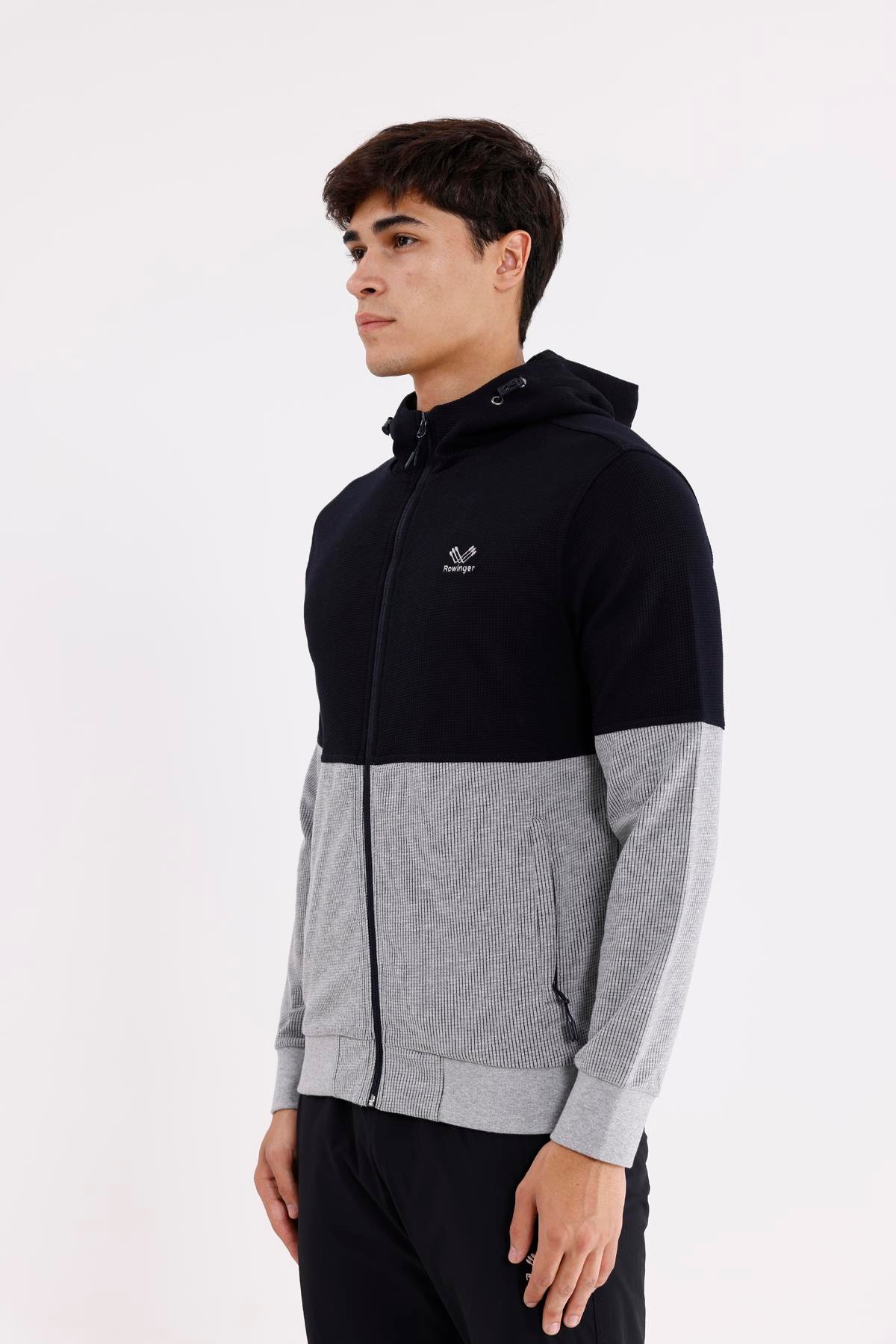 Blok Renkli Pıtırcık Yüzeyli Tam Fermuarlı Yan Cepli Esnek Manşetli Kapüşonlu Sweatshirt