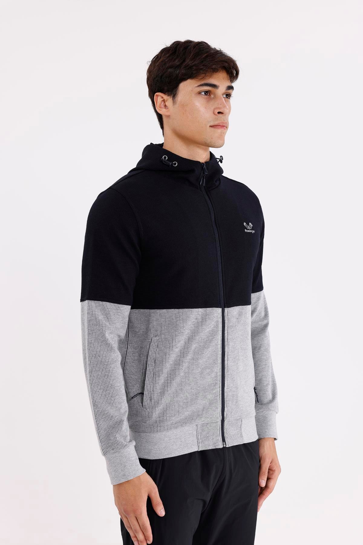 Blok Renkli Pıtırcık Yüzeyli Tam Fermuarlı Yan Cepli Esnek Manşetli Kapüşonlu Sweatshirt