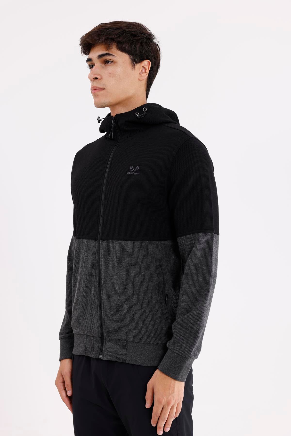 Blok Renkli Pıtırcık Yüzeyli Tam Fermuarlı Yan Cepli Esnek Manşetli Kapüşonlu Sweatshirt