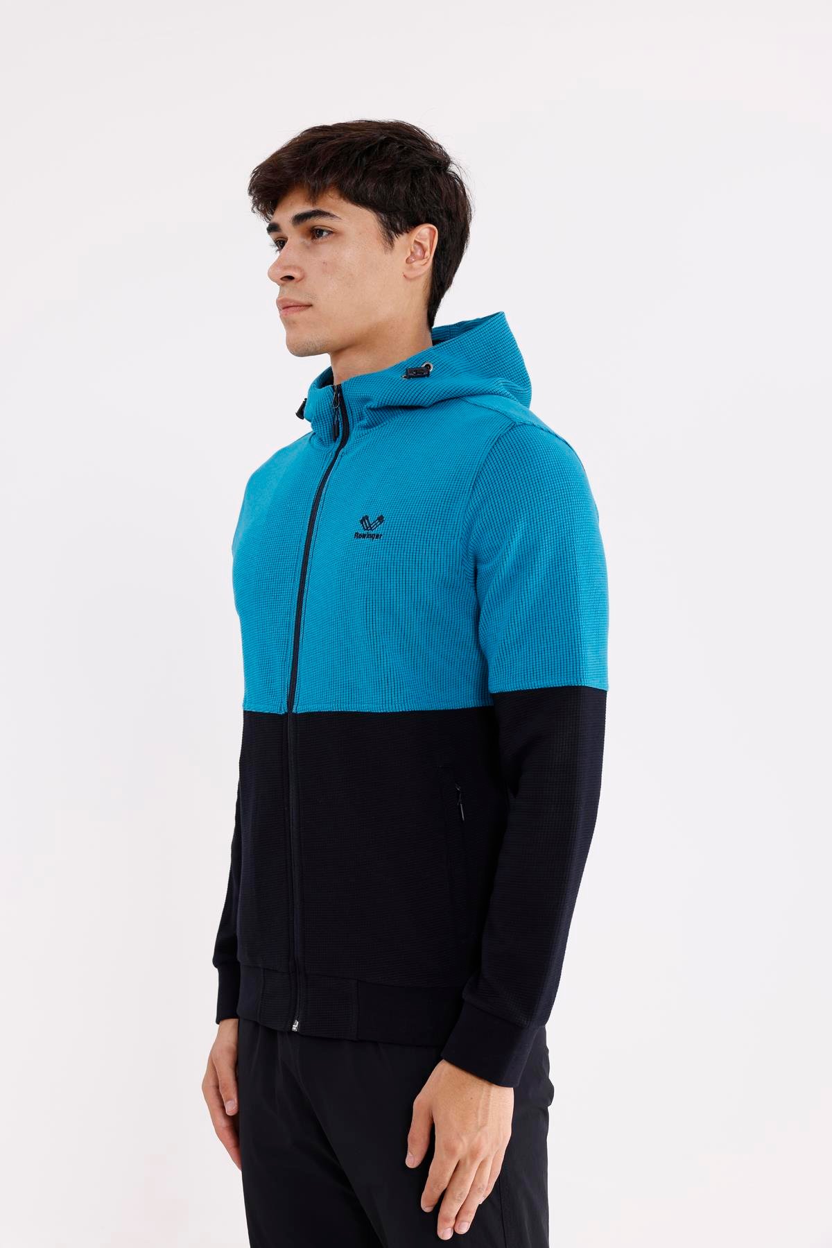Blok Renkli Pıtırcık Yüzeyli Tam Fermuarlı Yan Cepli Esnek Manşetli Kapüşonlu Sweatshirt