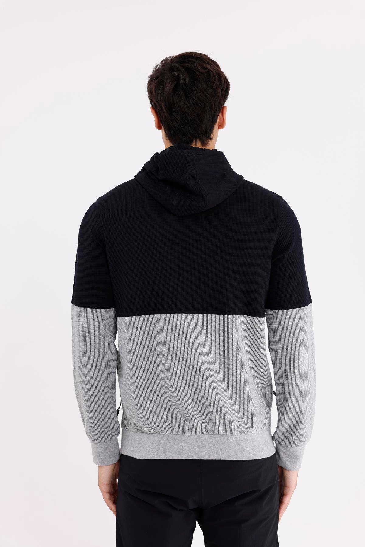 Blok Renkli Pıtırcık Yüzeyli Tam Fermuarlı Yan Cepli Esnek Manşetli Kapüşonlu Sweatshirt