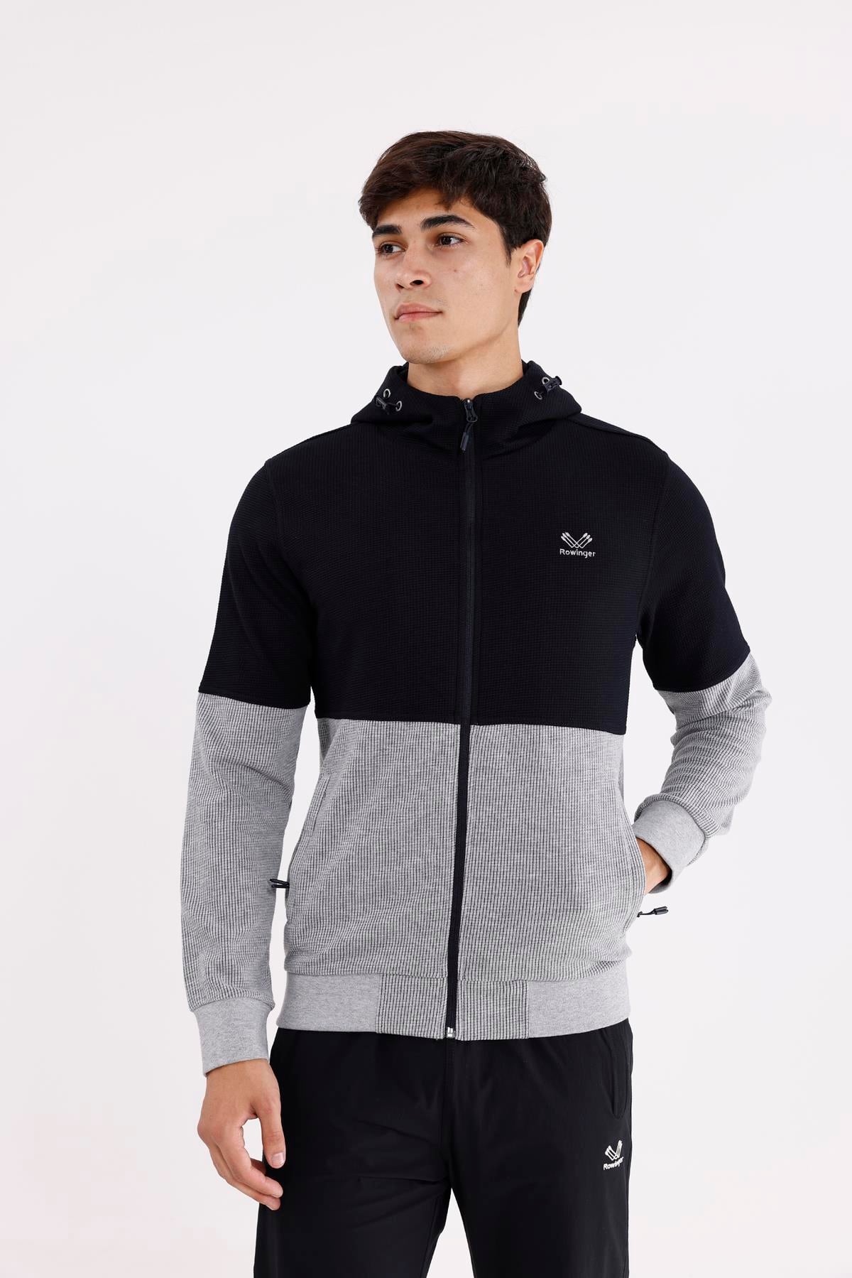 Blok Renkli Pıtırcık Yüzeyli Tam Fermuarlı Yan Cepli Esnek Manşetli Kapüşonlu Sweatshirt