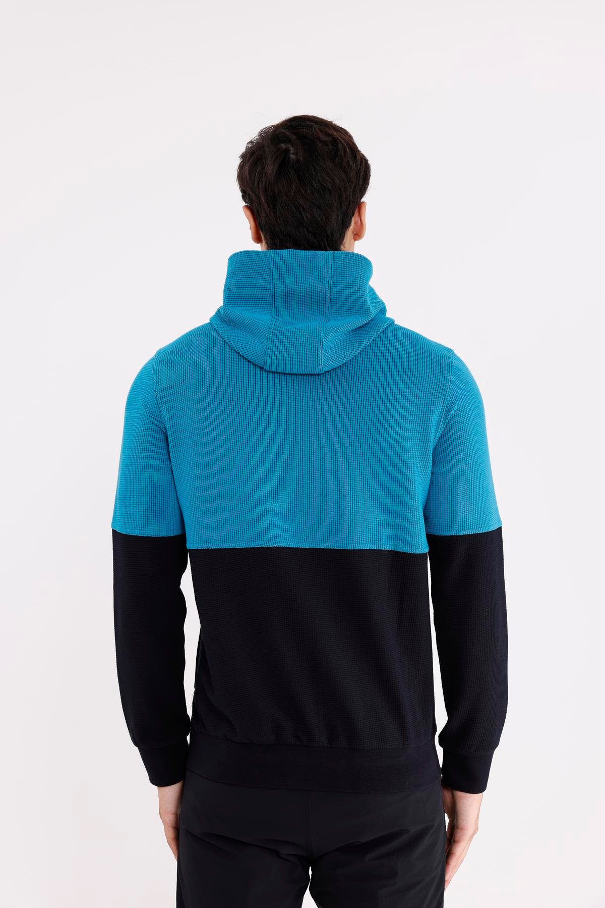 Blok Renkli Pıtırcık Yüzeyli Tam Fermuarlı Yan Cepli Esnek Manşetli Kapüşonlu Sweatshirt