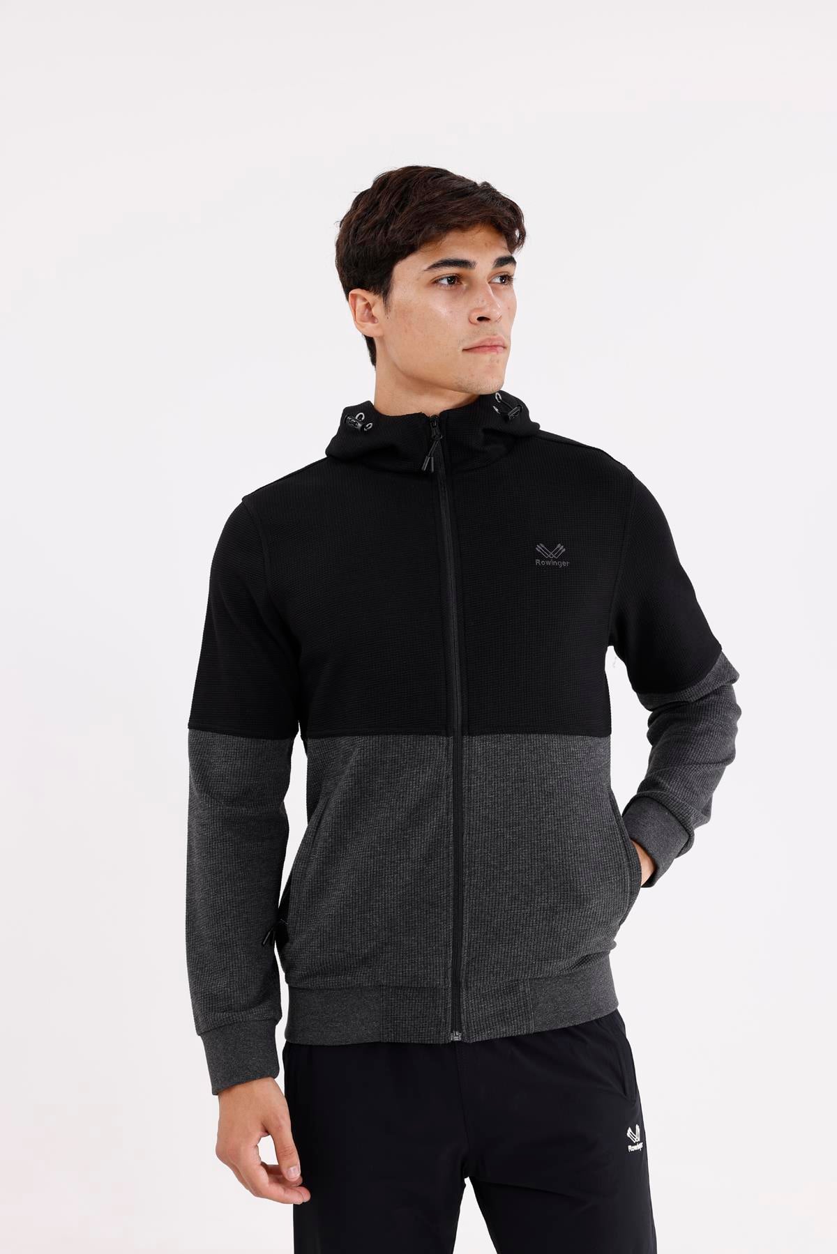 Blok Renkli Pıtırcık Yüzeyli Tam Fermuarlı Yan Cepli Esnek Manşetli Kapüşonlu Sweatshirt