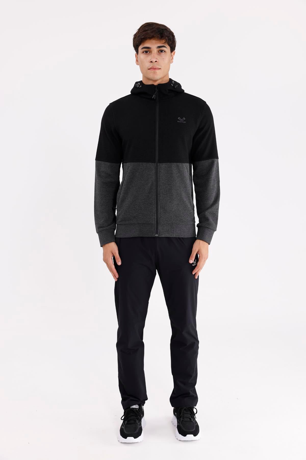 Blok Renkli Pıtırcık Yüzeyli Tam Fermuarlı Yan Cepli Esnek Manşetli Kapüşonlu Sweatshirt
