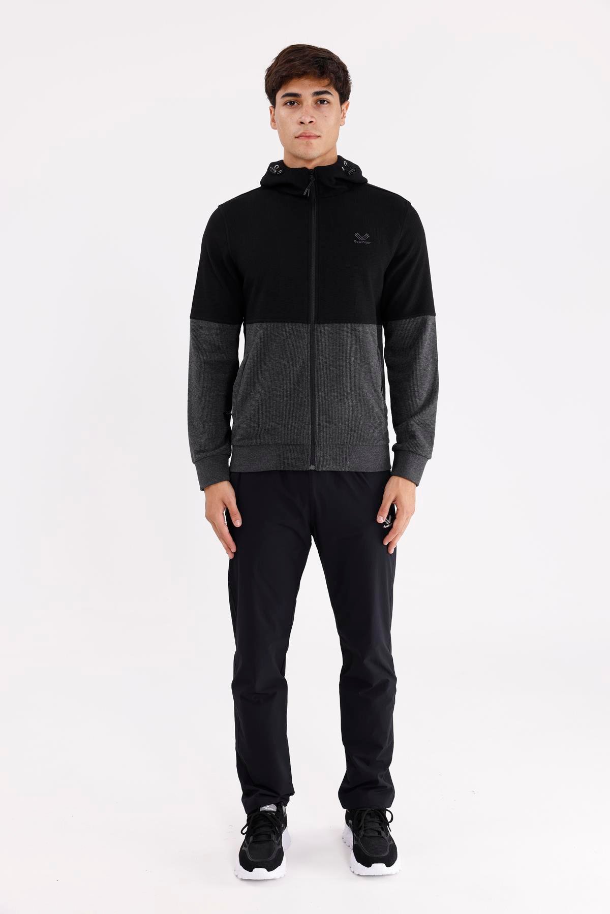 Blok Renkli Pıtırcık Yüzeyli Tam Fermuarlı Yan Cepli Esnek Manşetli Kapüşonlu Sweatshirt