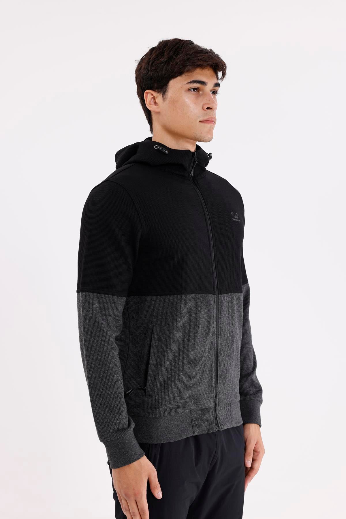 Blok Renkli Pıtırcık Yüzeyli Tam Fermuarlı Yan Cepli Esnek Manşetli Kapüşonlu Sweatshirt