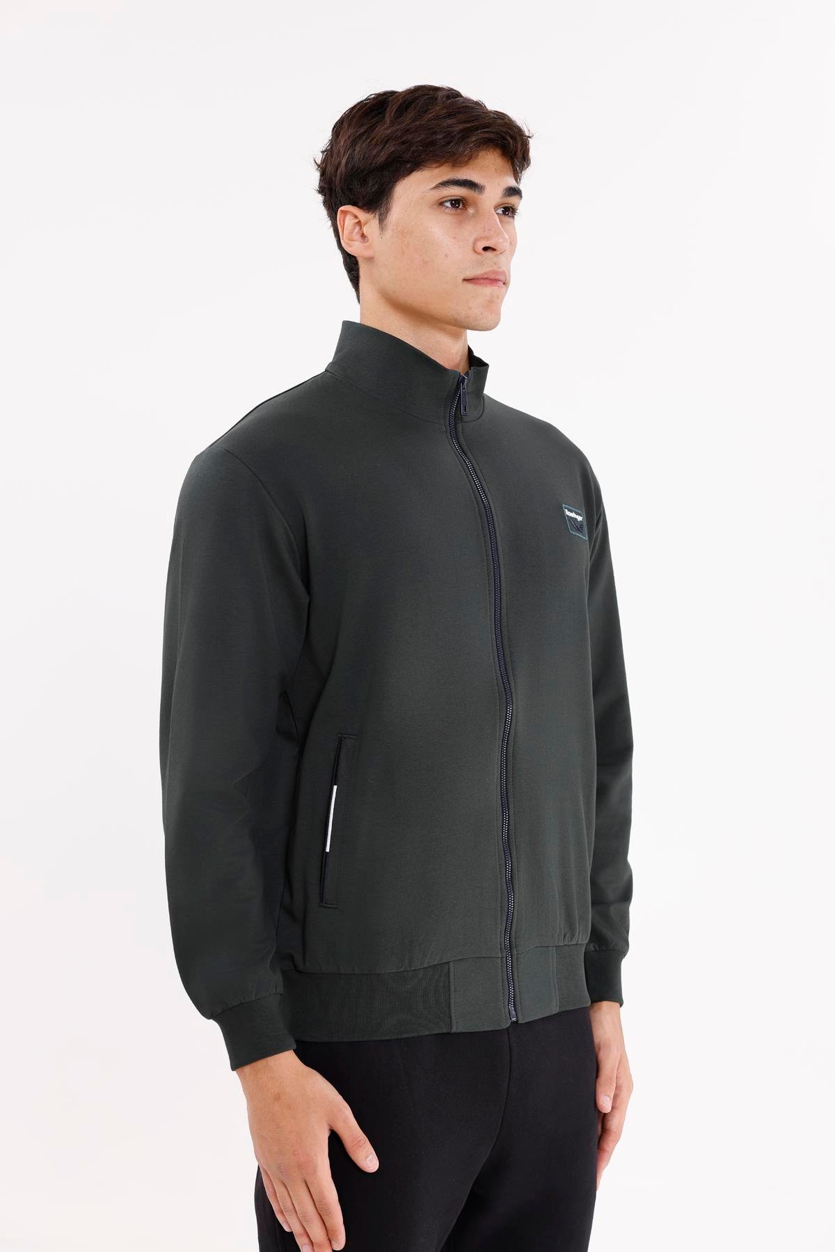 Cepli Dik Yaka Tam Fermuarlı Göğüs Arma Detaylı Rahat Kalıp Mevsimlik Sweatshirt