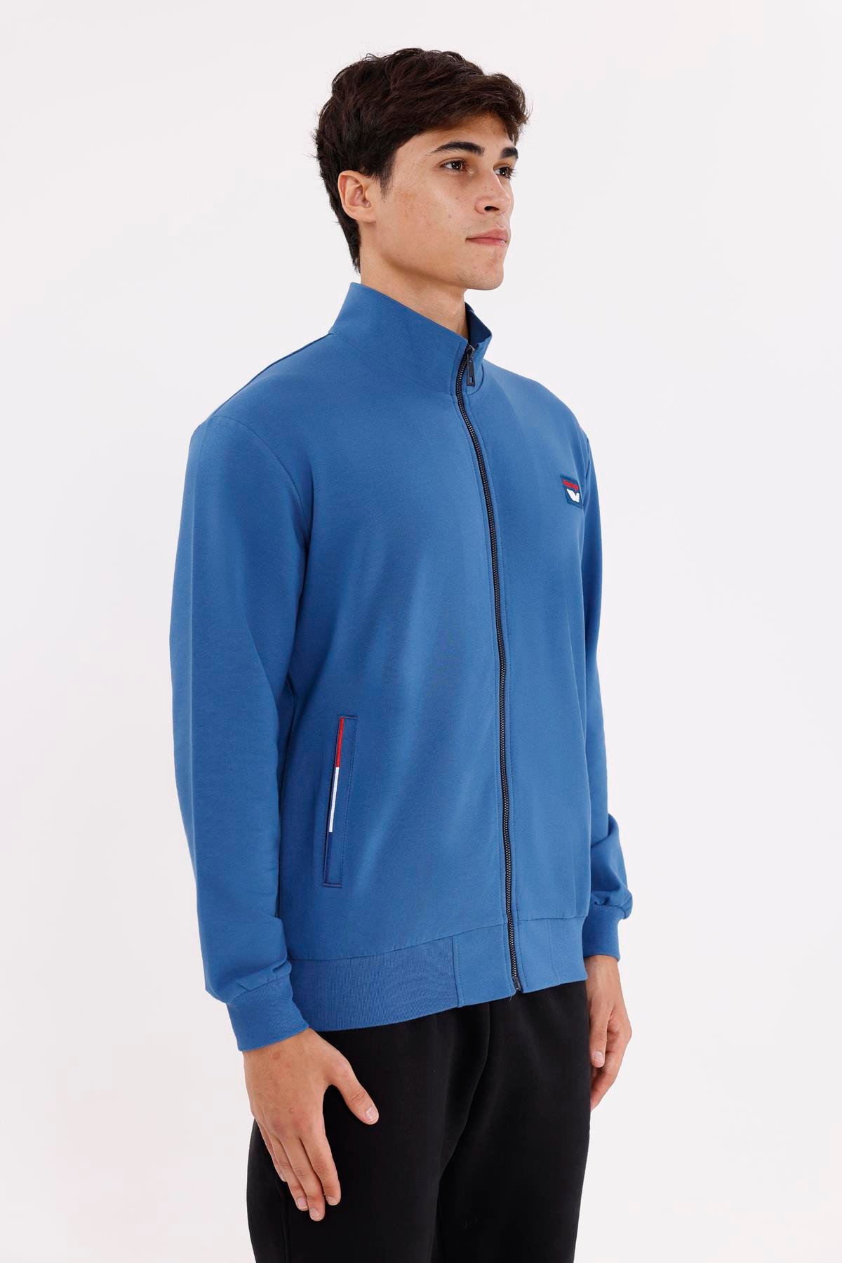 Cepli Dik Yaka Tam Fermuarlı Göğüs Arma Detaylı Rahat Kalıp Mevsimlik Sweatshirt