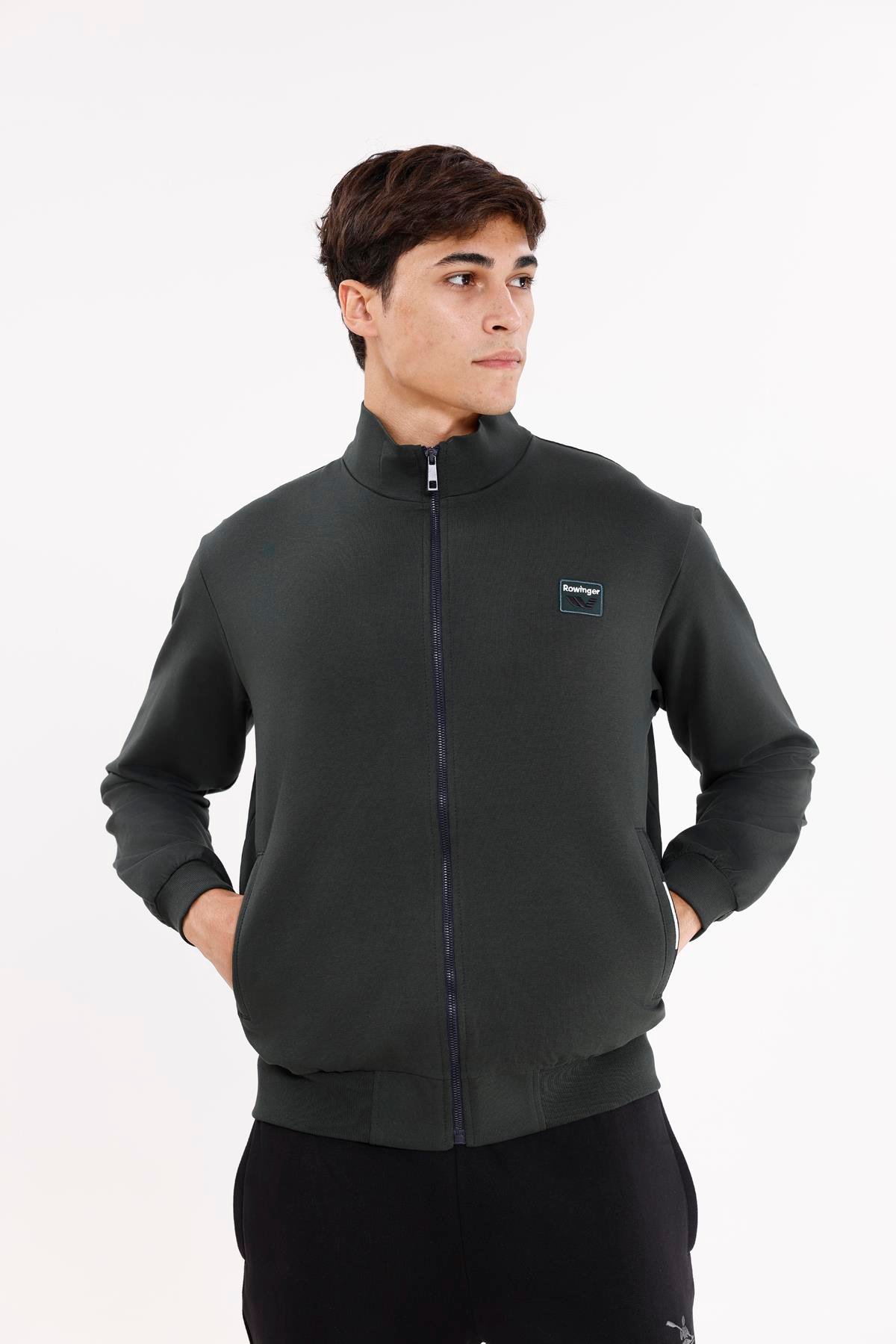 Cepli Dik Yaka Tam Fermuarlı Göğüs Arma Detaylı Rahat Kalıp Mevsimlik Sweatshirt