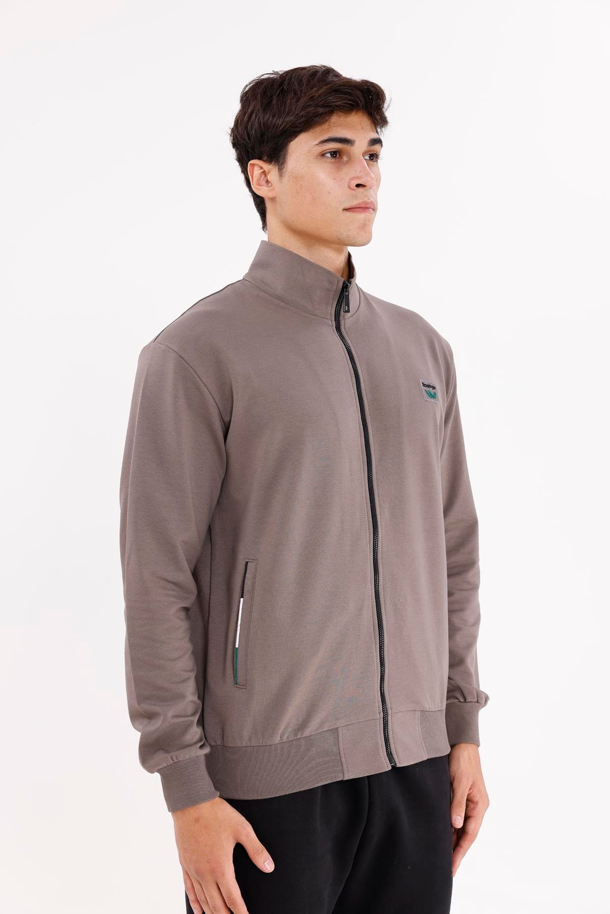 Cepli Dik Yaka Tam Fermuarlı Göğüs Arma Detaylı Rahat Kalıp Mevsimlik Sweatshirt