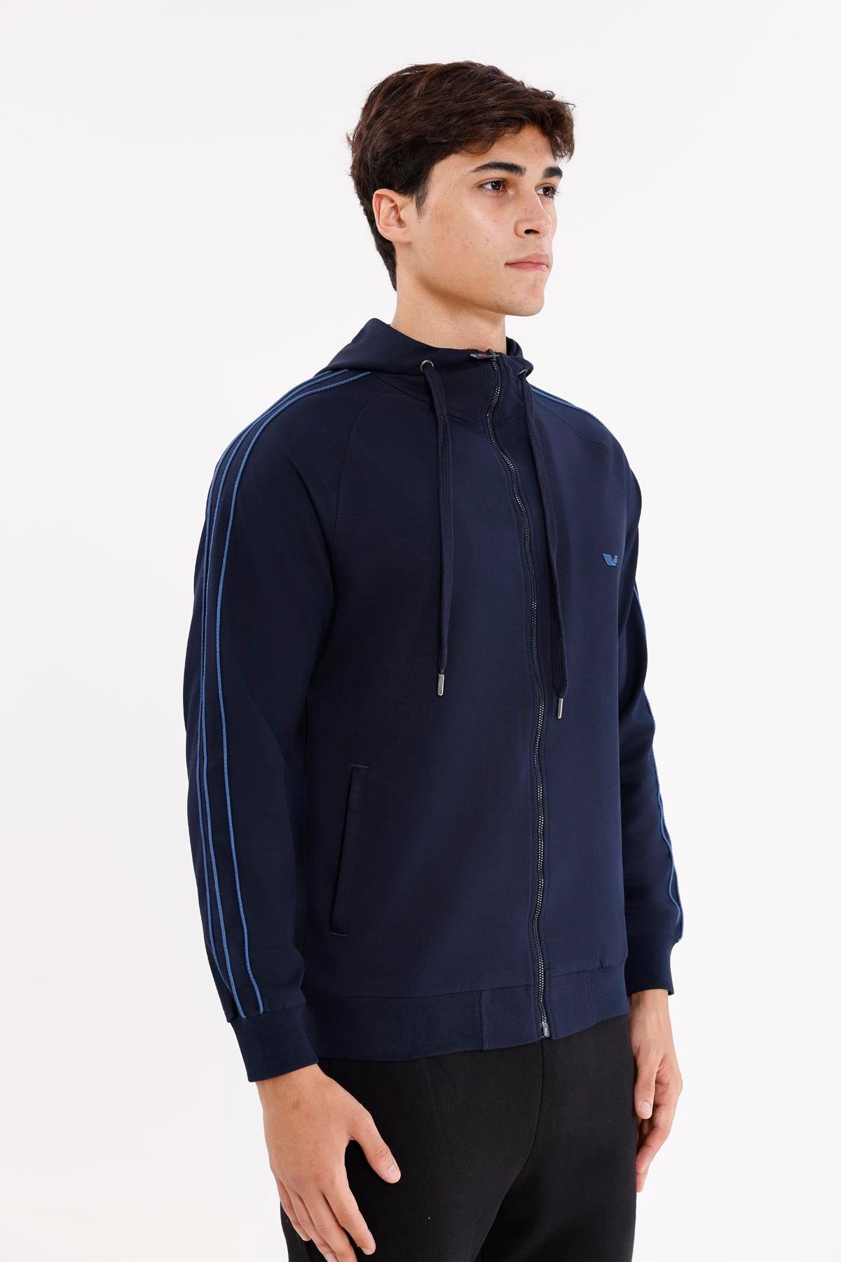 Çift Şerit Kol Detaylı Tam Fermuarlı Cepli Rahat Kalıp Ayarlanabilir Kapüşonlu Sweatshirt