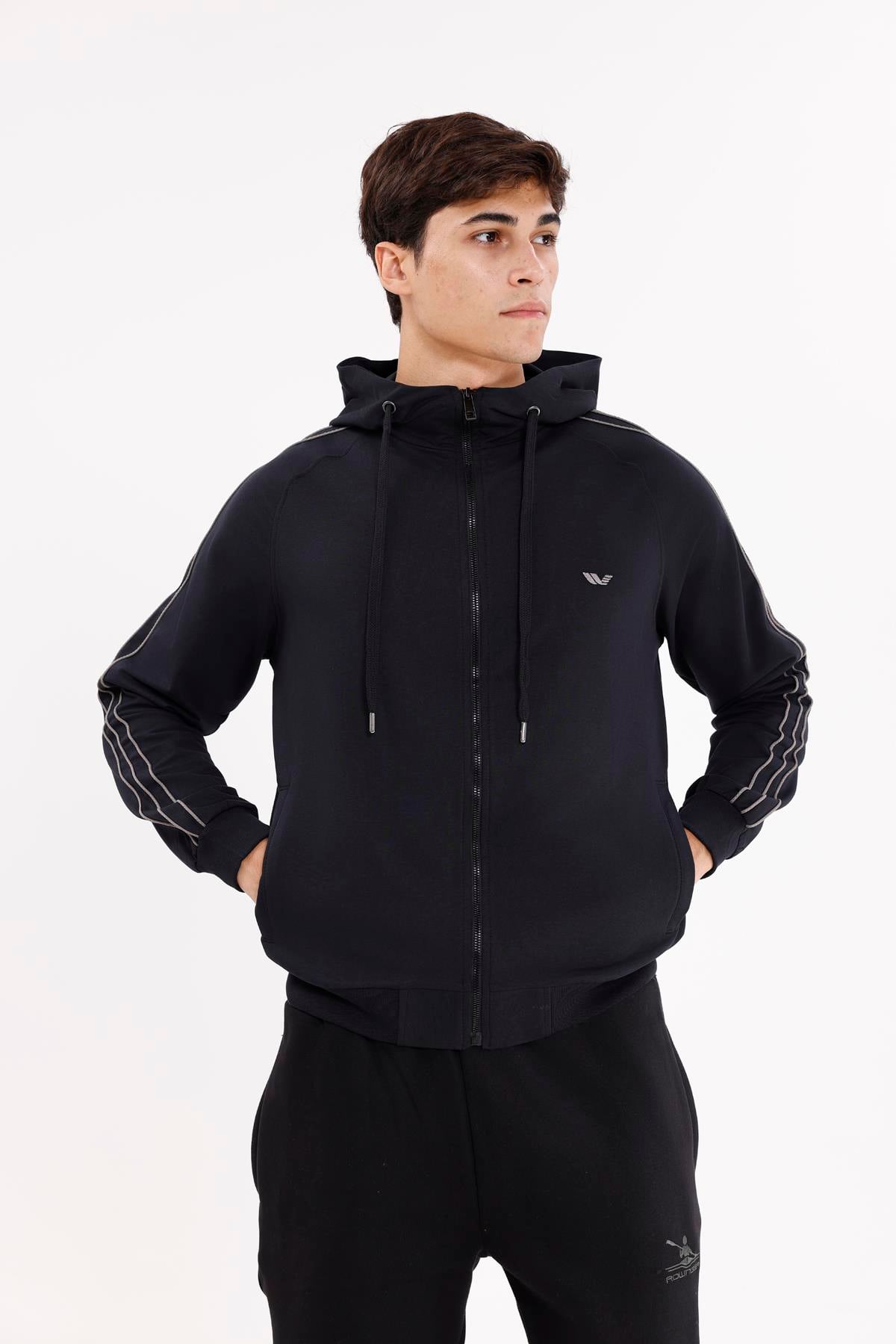Çift Şerit Kol Detaylı Tam Fermuarlı Cepli Rahat Kalıp Ayarlanabilir Kapüşonlu Sweatshirt