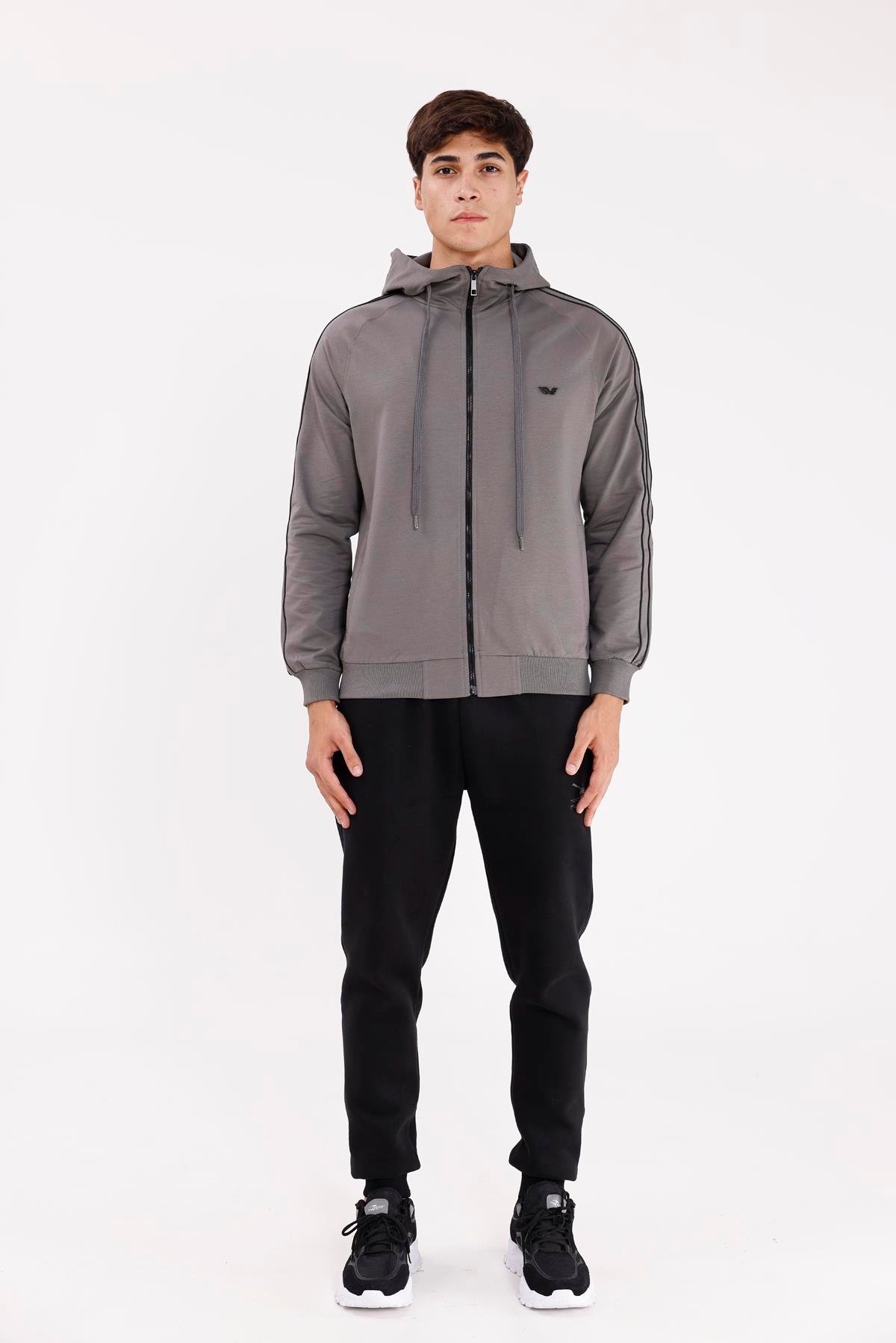 Çift Şerit Kol Detaylı Tam Fermuarlı Cepli Rahat Kalıp Ayarlanabilir Kapüşonlu Sweatshirt