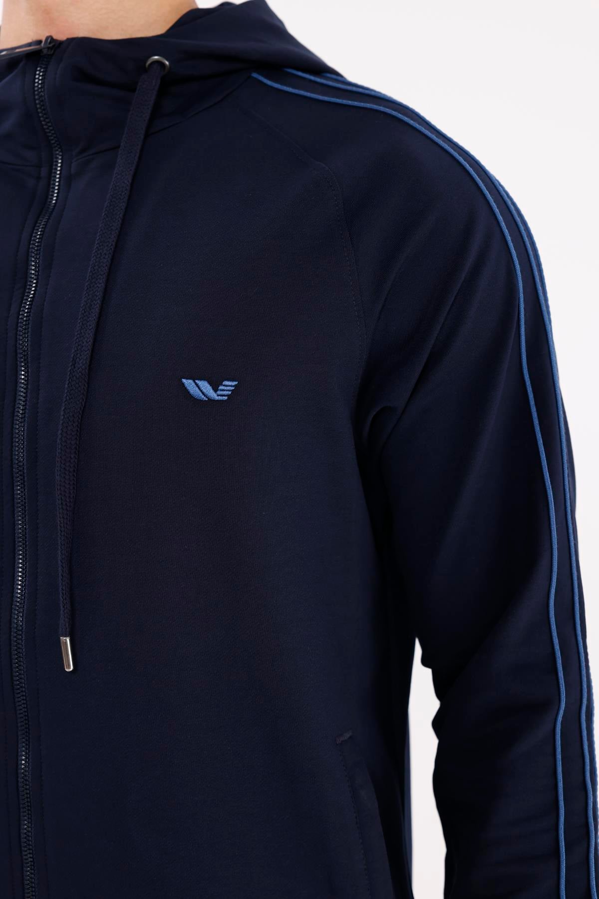 Çift Şerit Kol Detaylı Tam Fermuarlı Cepli Rahat Kalıp Ayarlanabilir Kapüşonlu Sweatshirt