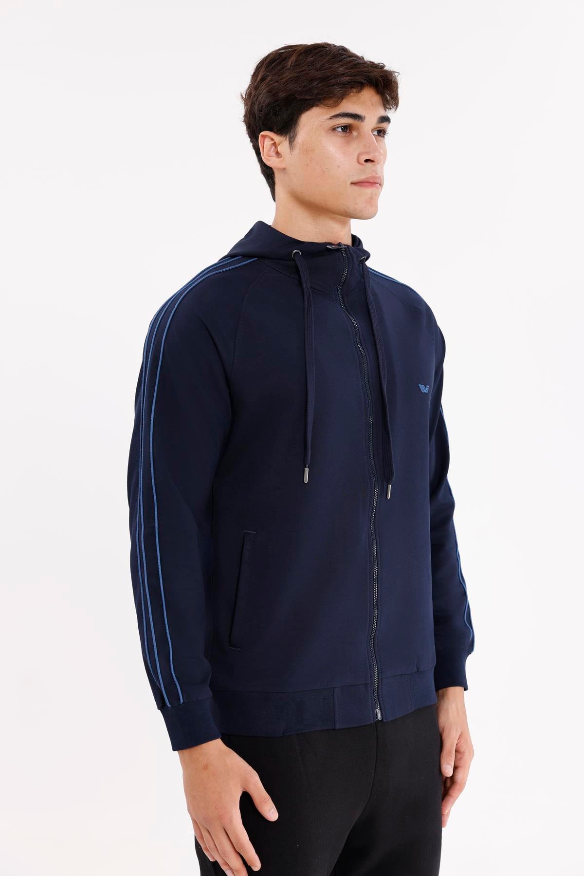 Çift Şerit Kol Detaylı Tam Fermuarlı Cepli Rahat Kalıp Ayarlanabilir Kapüşonlu Sweatshirt