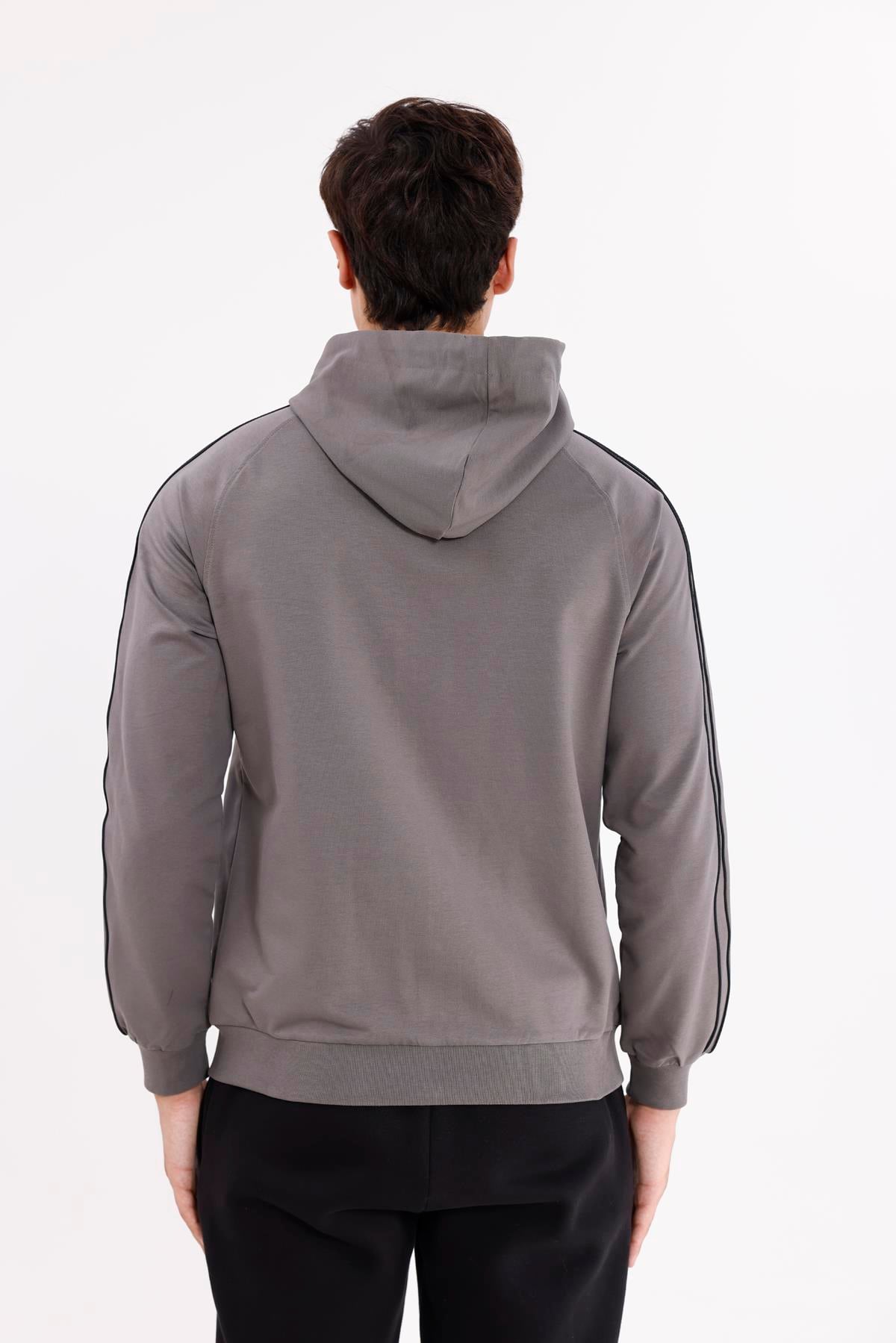 Çift Şerit Kol Detaylı Tam Fermuarlı Cepli Rahat Kalıp Ayarlanabilir Kapüşonlu Sweatshirt