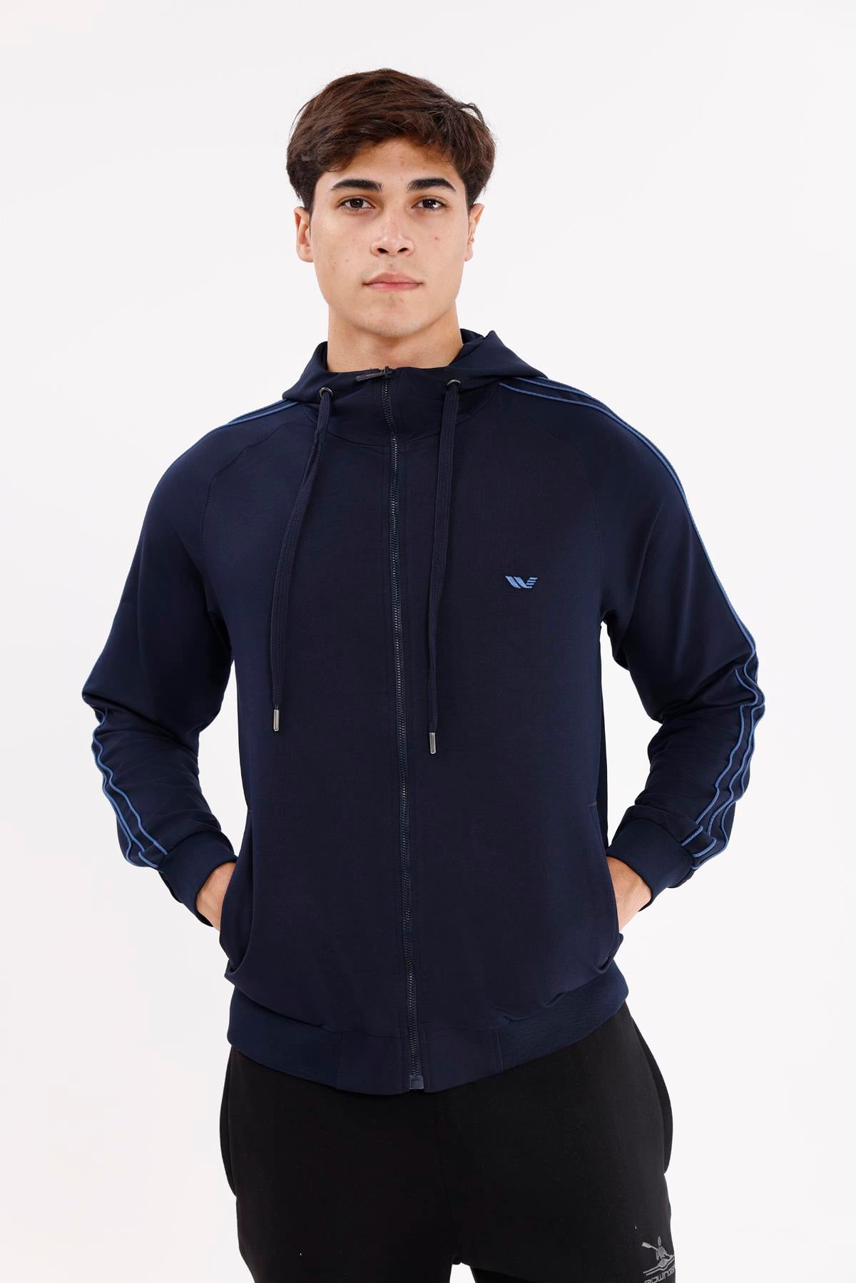 Çift Şerit Kol Detaylı Tam Fermuarlı Cepli Rahat Kalıp Ayarlanabilir Kapüşonlu Sweatshirt