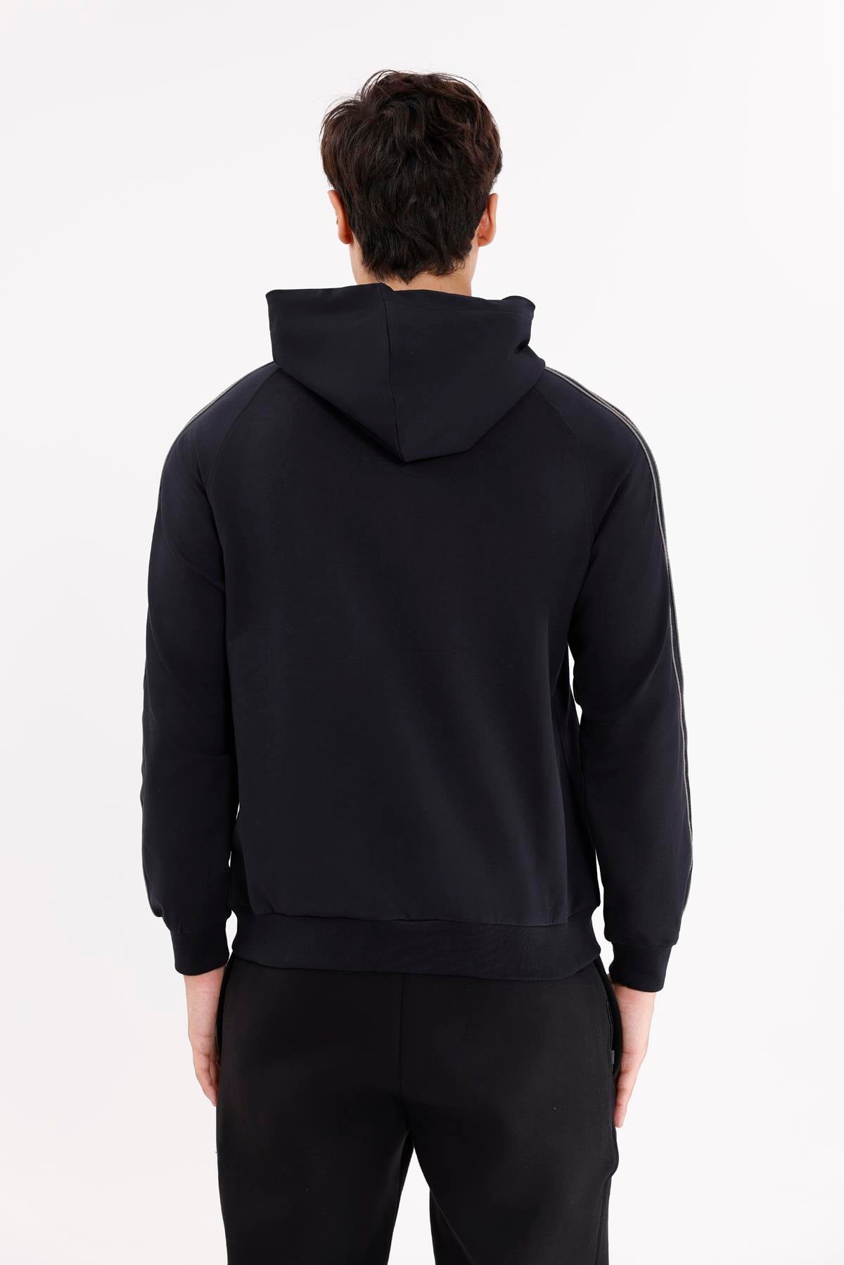 Çift Şerit Kol Detaylı Tam Fermuarlı Cepli Rahat Kalıp Ayarlanabilir Kapüşonlu Sweatshirt