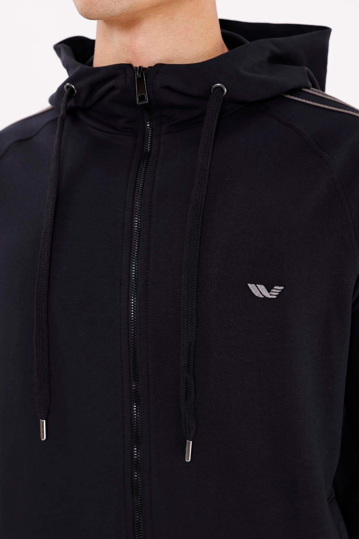Çift Şerit Kol Detaylı Tam Fermuarlı Cepli Rahat Kalıp Ayarlanabilir Kapüşonlu Sweatshirt