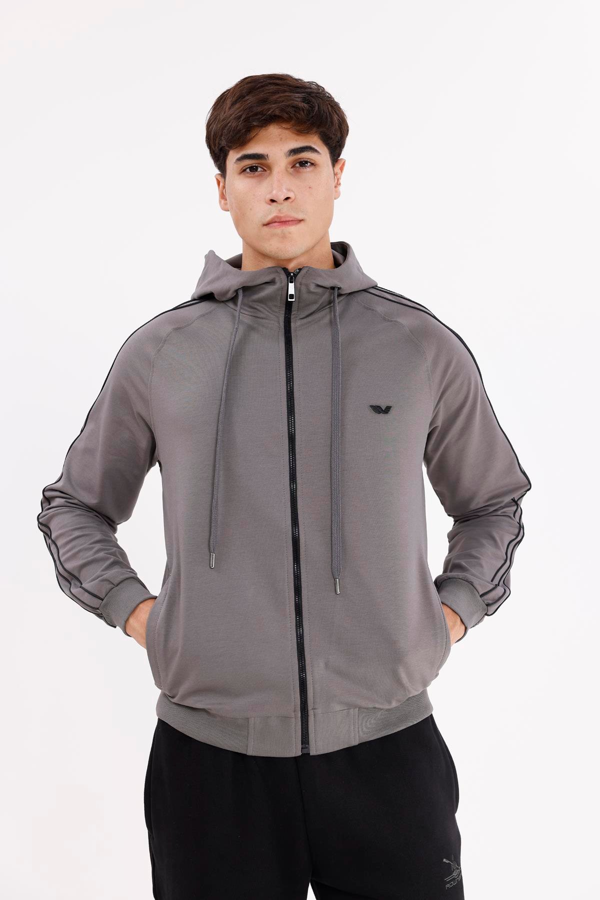 Çift Şerit Kol Detaylı Tam Fermuarlı Cepli Rahat Kalıp Ayarlanabilir Kapüşonlu Sweatshirt