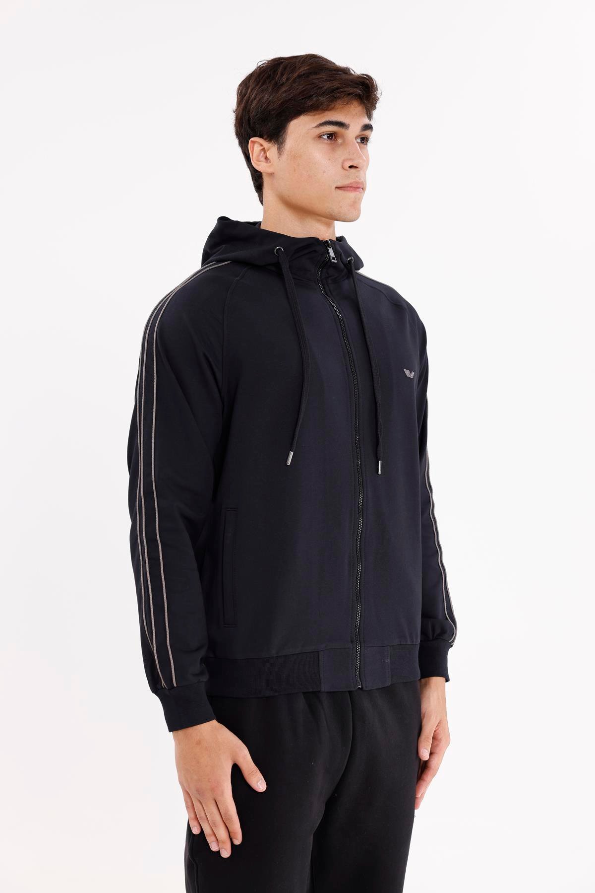 Çift Şerit Kol Detaylı Tam Fermuarlı Cepli Rahat Kalıp Ayarlanabilir Kapüşonlu Sweatshirt
