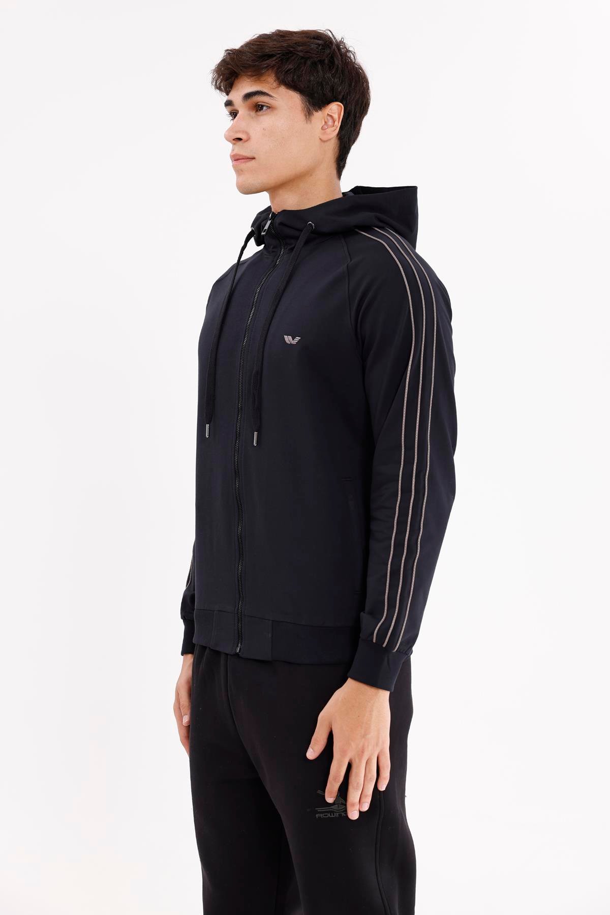 Çift Şerit Kol Detaylı Tam Fermuarlı Cepli Rahat Kalıp Ayarlanabilir Kapüşonlu Sweatshirt