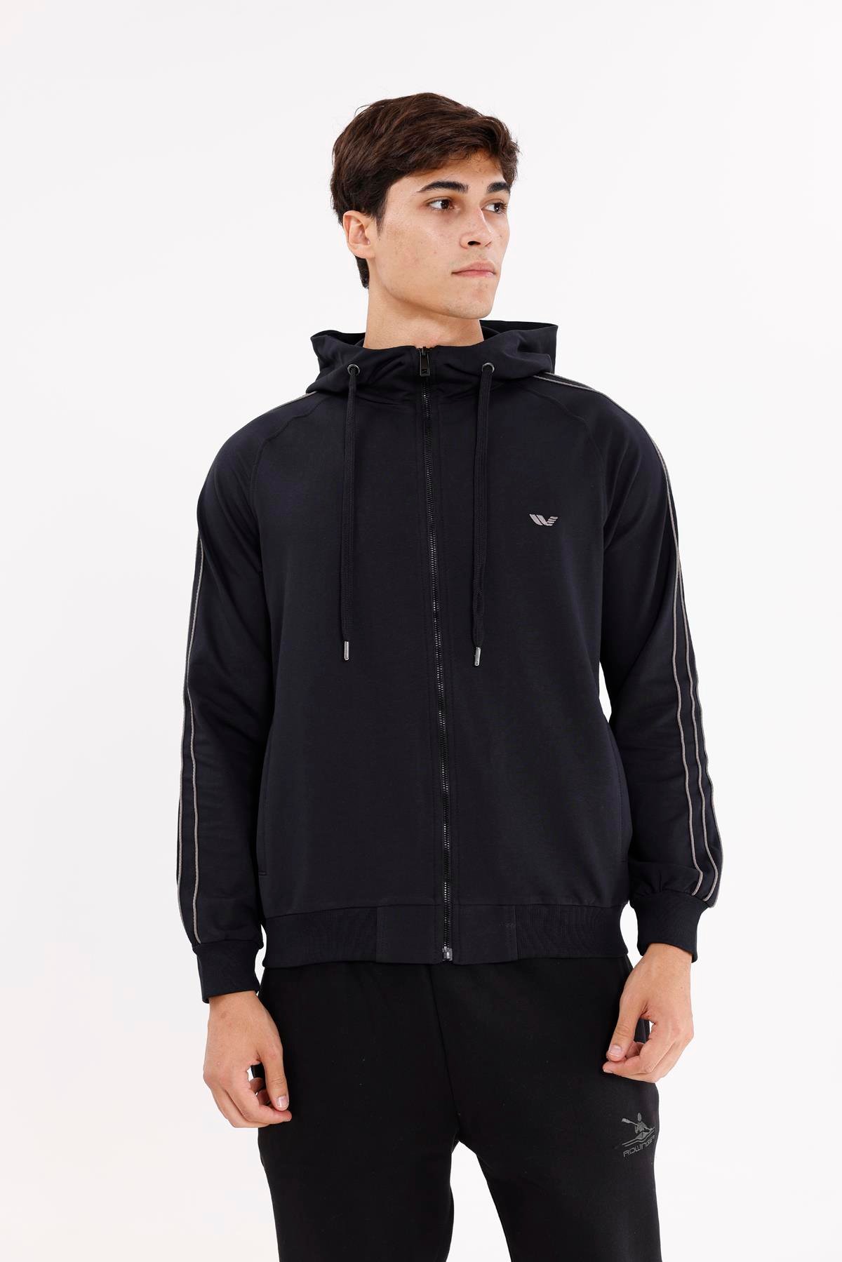 Çift Şerit Kol Detaylı Tam Fermuarlı Cepli Rahat Kalıp Ayarlanabilir Kapüşonlu Sweatshirt