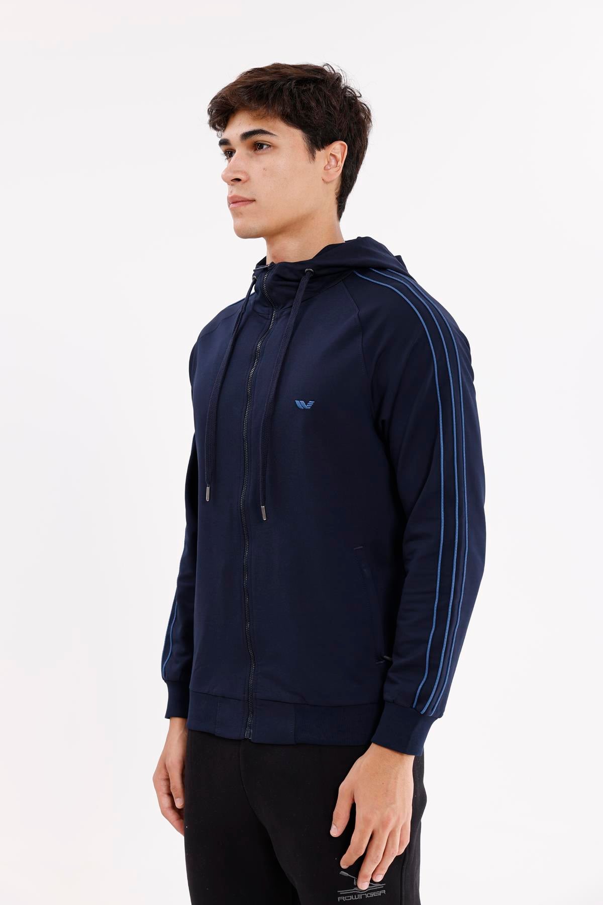 Çift Şerit Kol Detaylı Tam Fermuarlı Cepli Rahat Kalıp Ayarlanabilir Kapüşonlu Sweatshirt