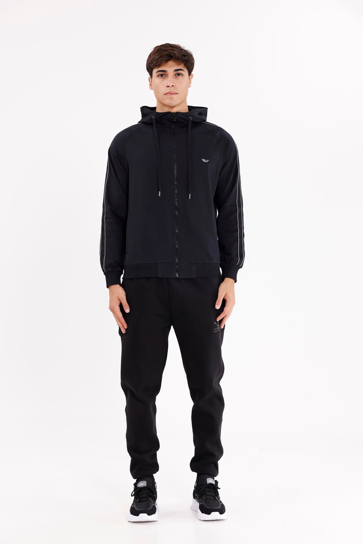 Çift Şerit Kol Detaylı Tam Fermuarlı Cepli Rahat Kalıp Ayarlanabilir Kapüşonlu Sweatshirt