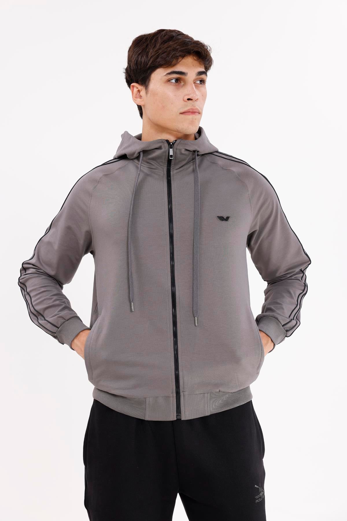 Çift Şerit Kol Detaylı Tam Fermuarlı Cepli Rahat Kalıp Ayarlanabilir Kapüşonlu Sweatshirt
