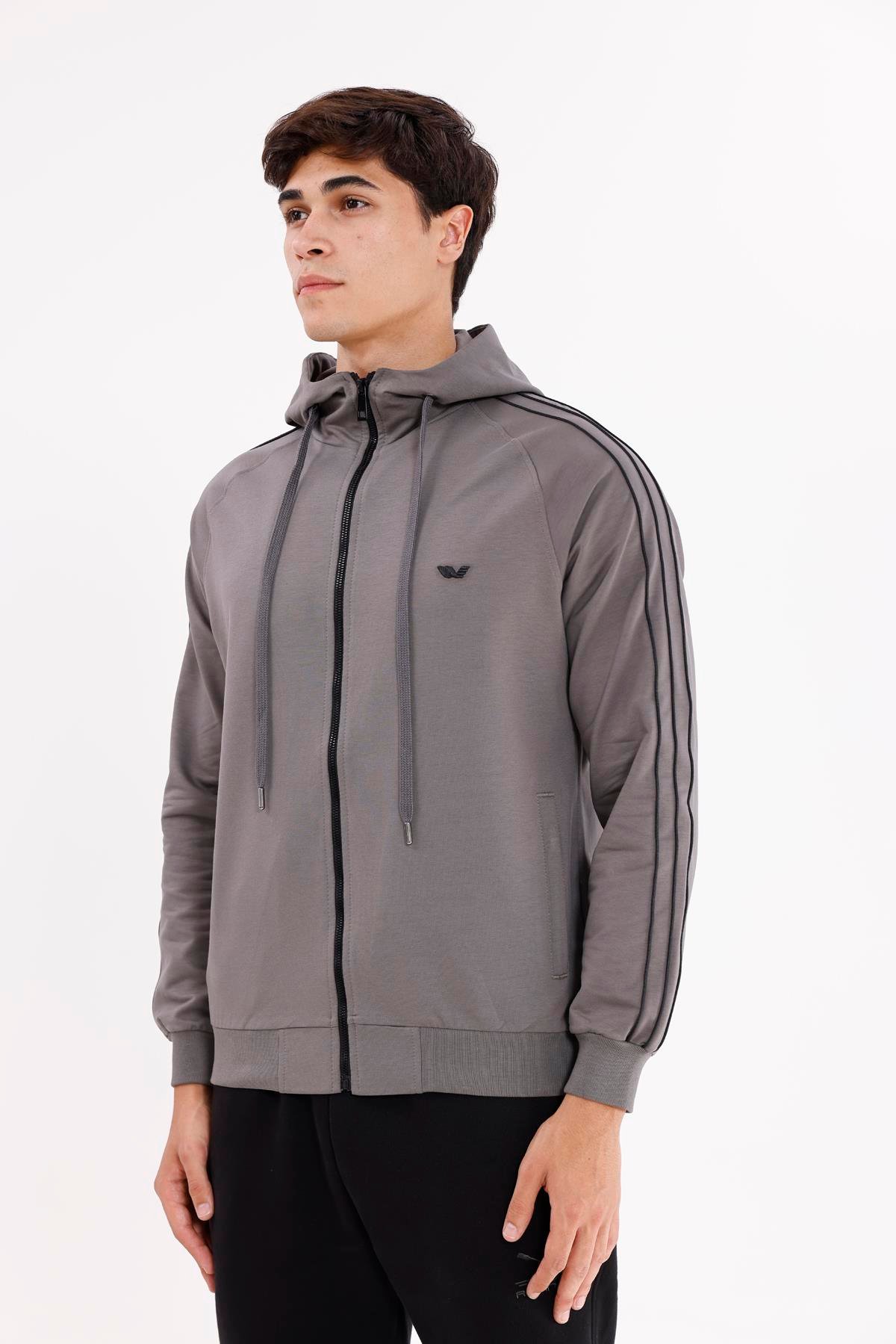 Çift Şerit Kol Detaylı Tam Fermuarlı Cepli Rahat Kalıp Ayarlanabilir Kapüşonlu Sweatshirt