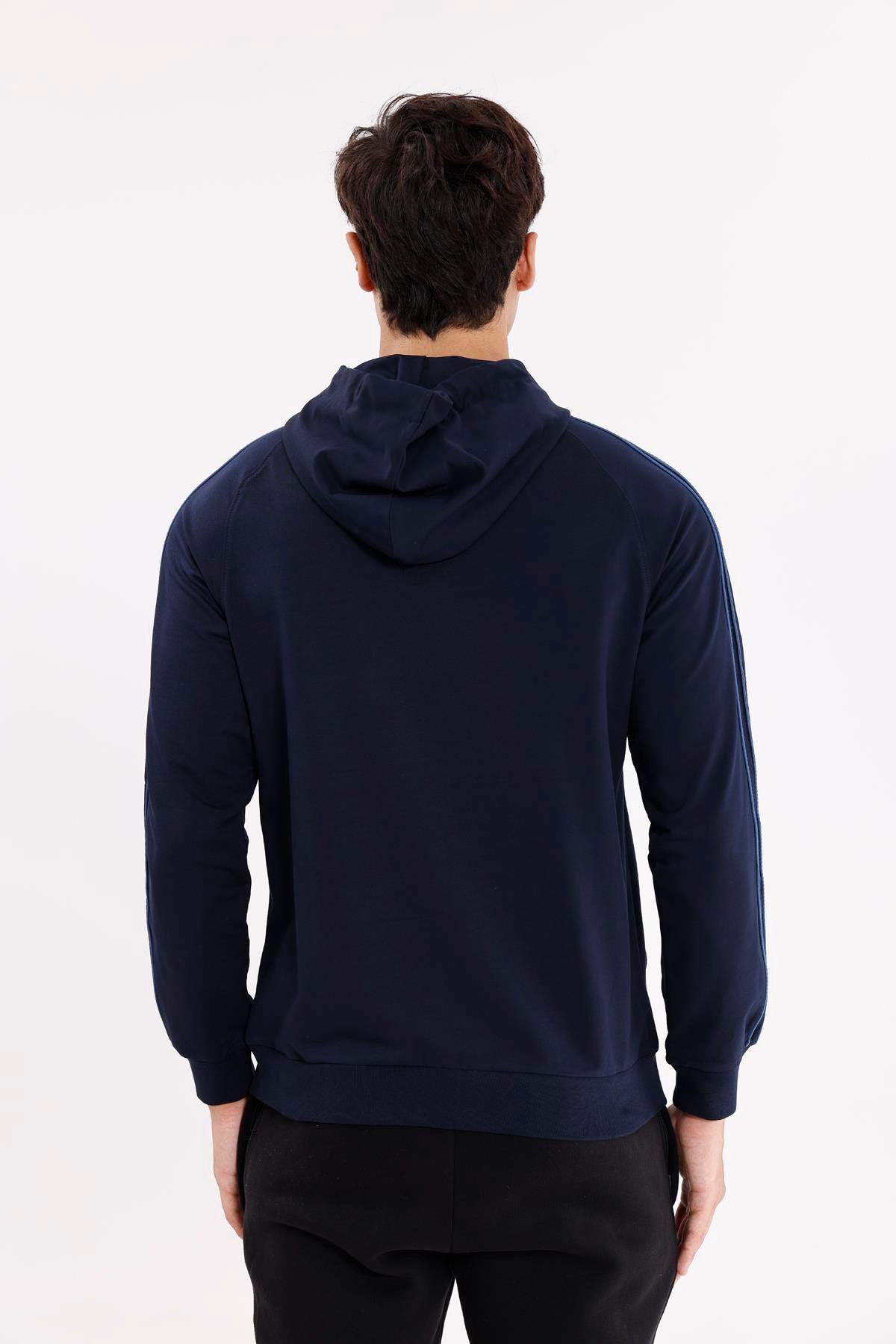 Çift Şerit Kol Detaylı Tam Fermuarlı Cepli Rahat Kalıp Ayarlanabilir Kapüşonlu Sweatshirt