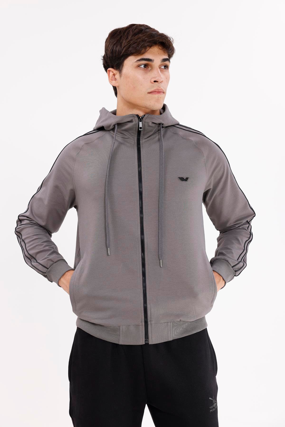 Çift Şerit Kol Detaylı Tam Fermuarlı Cepli Rahat Kalıp Ayarlanabilir Kapüşonlu Sweatshirt