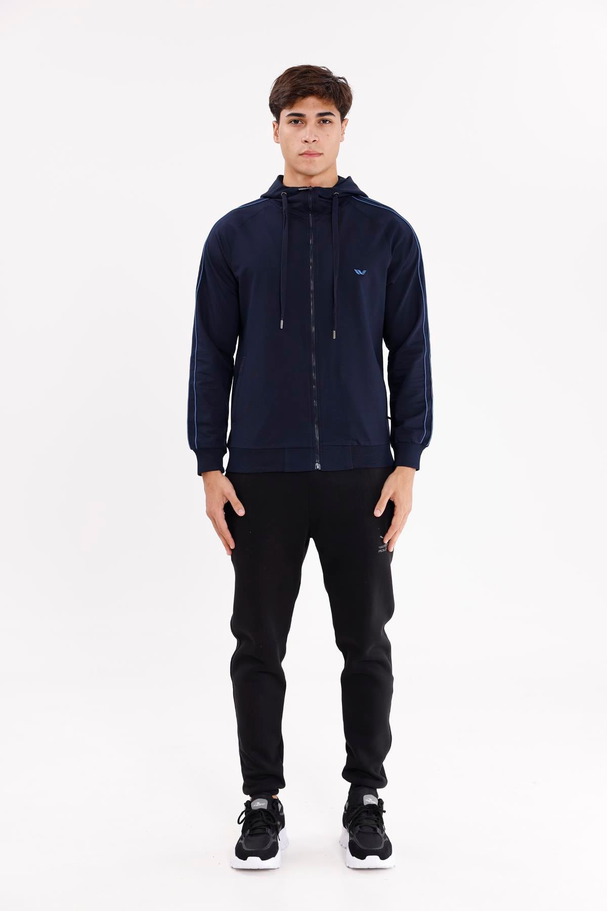 Çift Şerit Kol Detaylı Tam Fermuarlı Cepli Rahat Kalıp Ayarlanabilir Kapüşonlu Sweatshirt