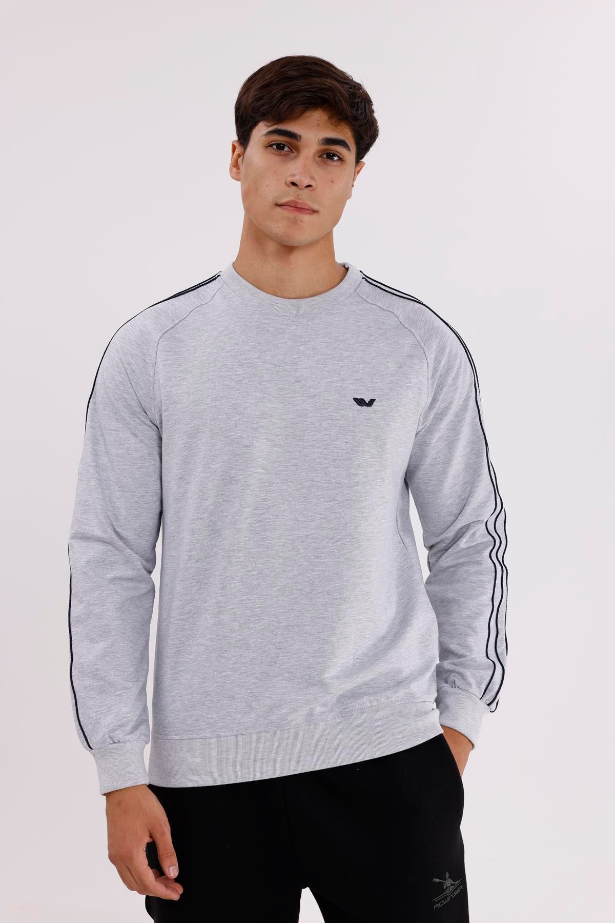 Çift Şeritli Raglan Kol Minimal Logolu Bisiklet Yaka Sweatshirt