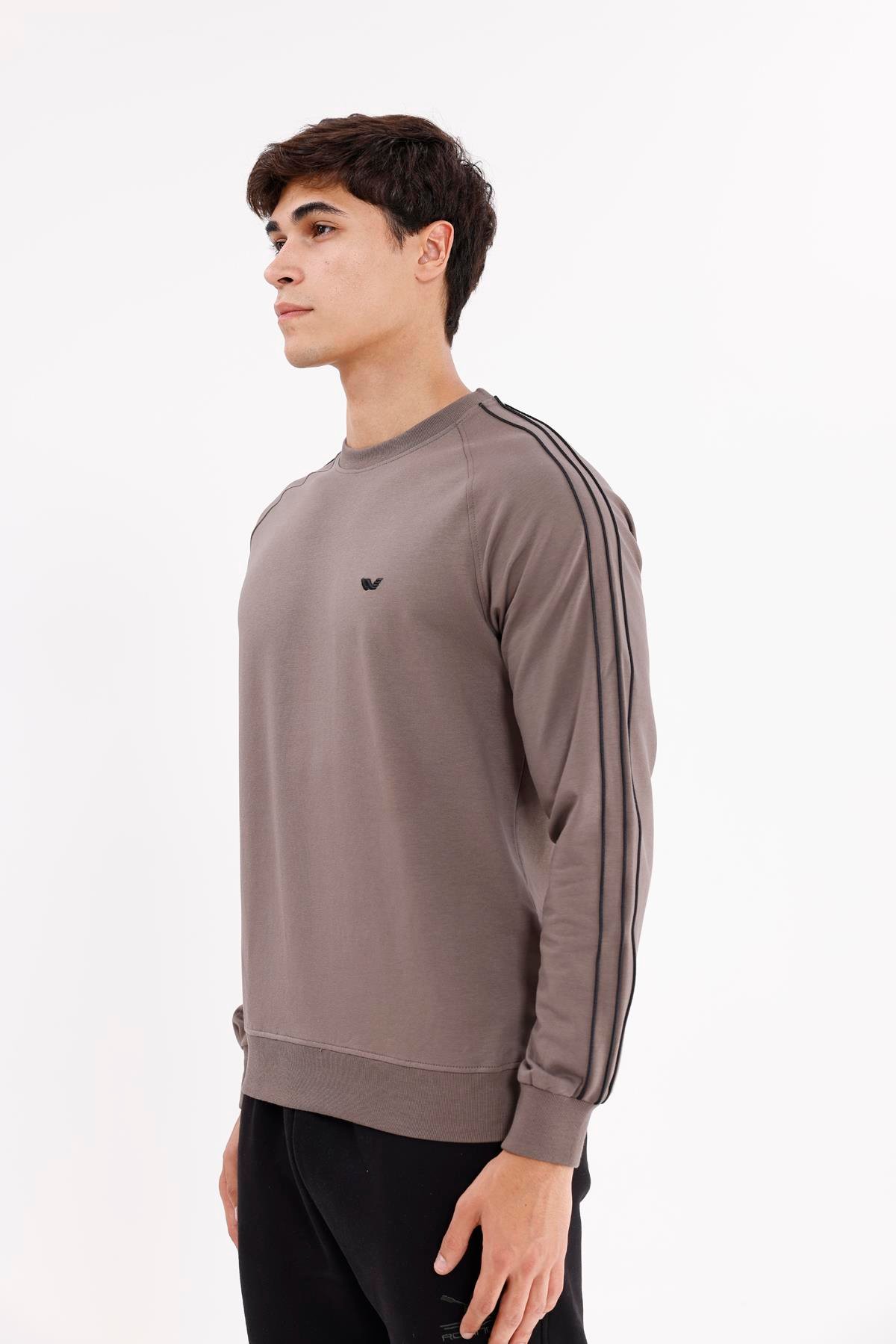 Çift Şeritli Raglan Kol Minimal Logolu Bisiklet Yaka Sweatshirt