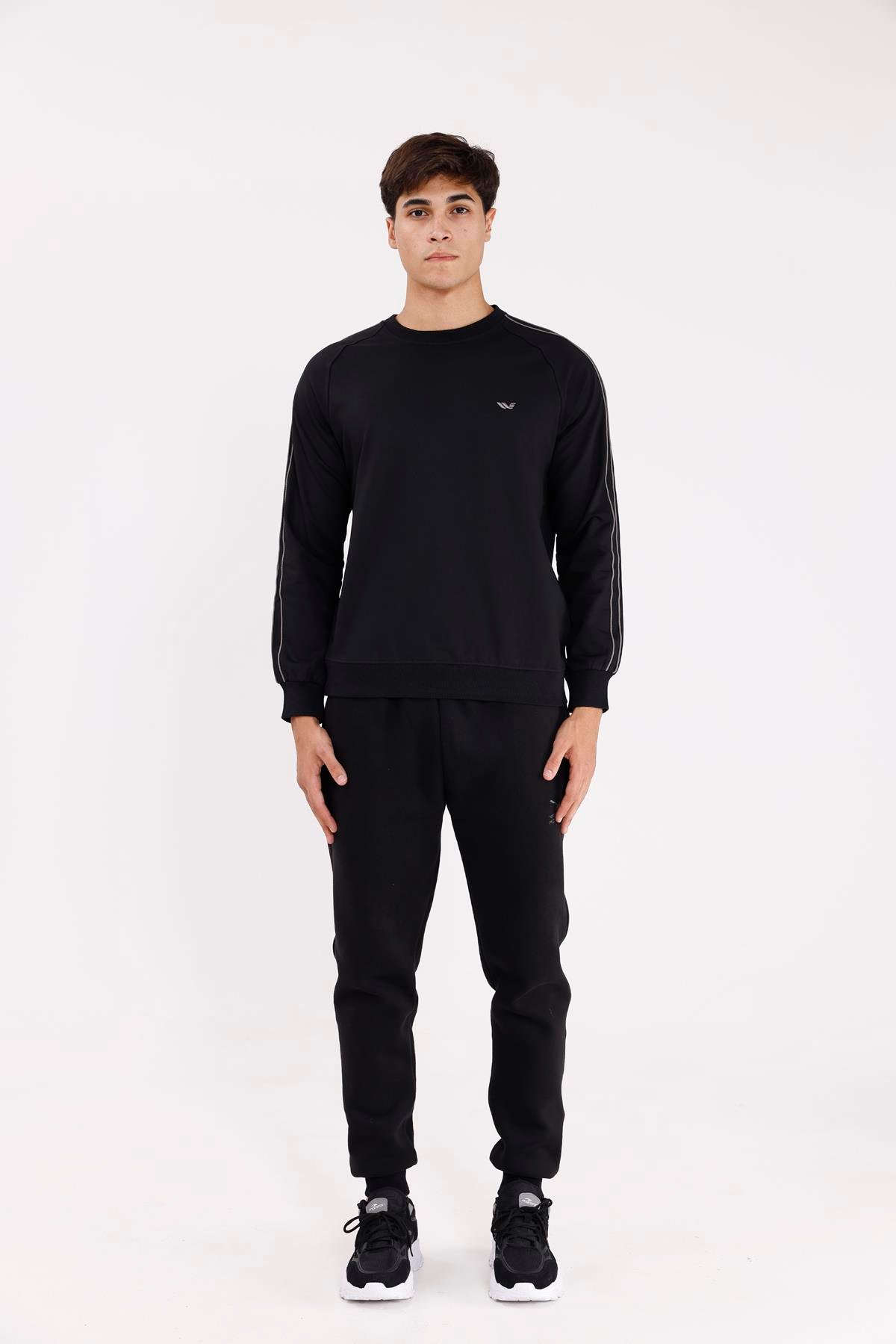 Çift Şeritli Raglan Kol Minimal Logolu Bisiklet Yaka Sweatshirt