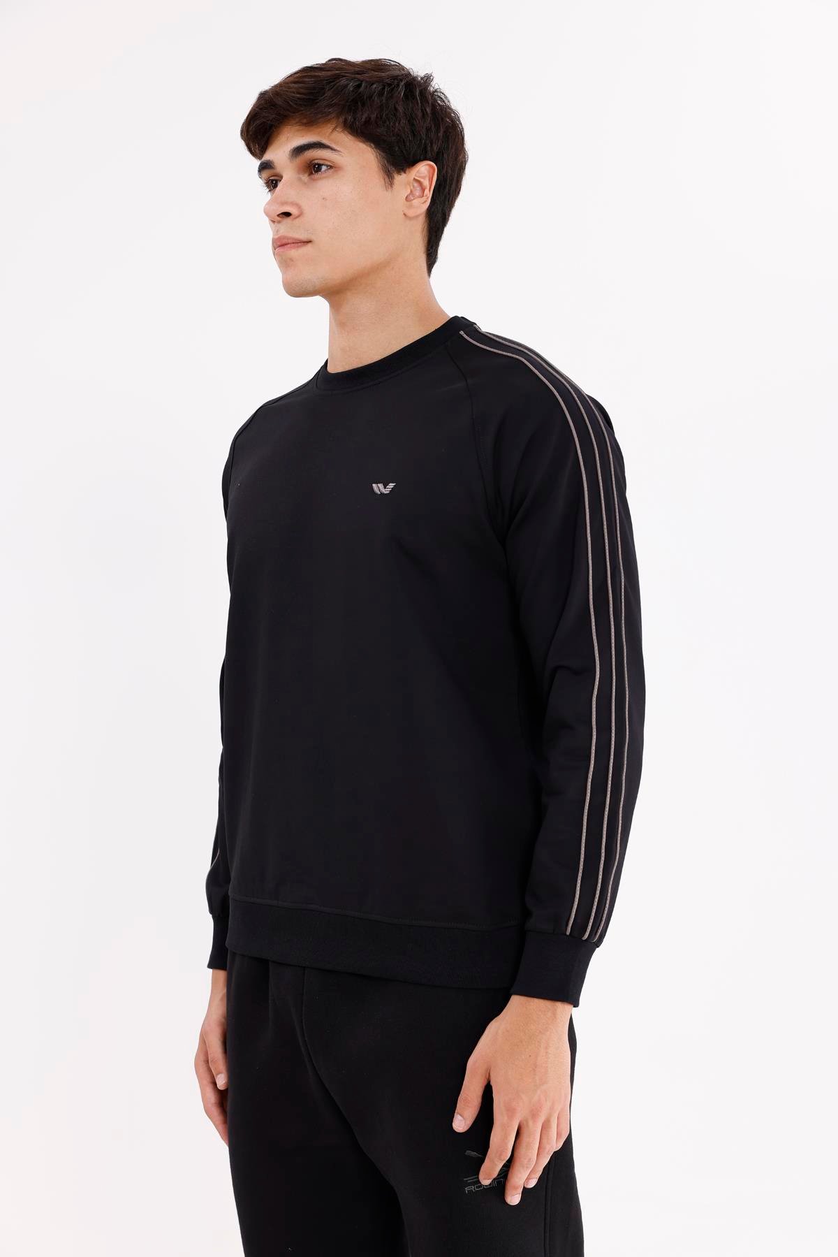 Çift Şeritli Raglan Kol Minimal Logolu Bisiklet Yaka Sweatshirt
