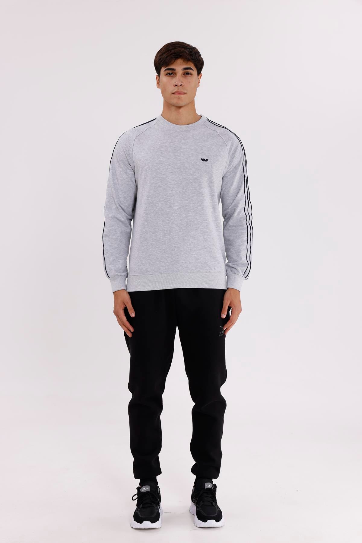 Çift Şeritli Raglan Kol Minimal Logolu Bisiklet Yaka Sweatshirt