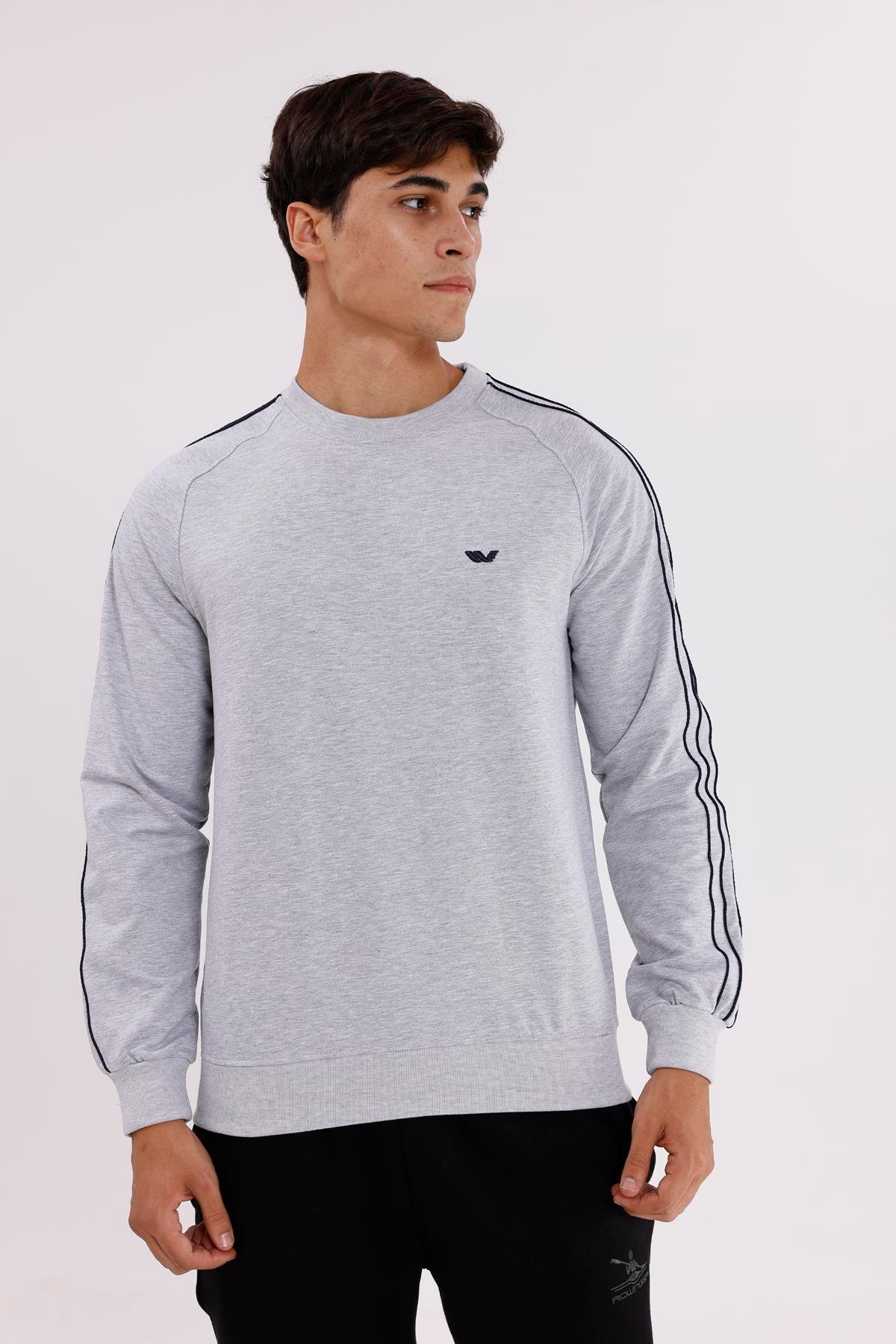 Çift Şeritli Raglan Kol Minimal Logolu Bisiklet Yaka Sweatshirt