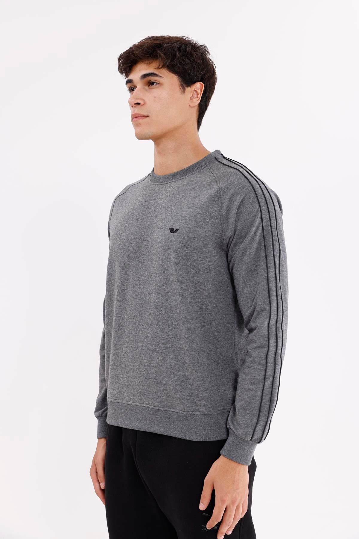 Çift Şeritli Raglan Kol Minimal Logolu Bisiklet Yaka Sweatshirt