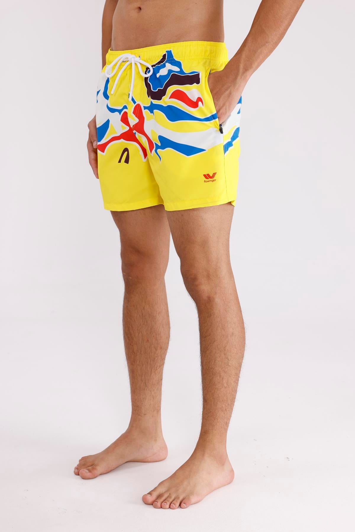 Dijital Desen Soyut Baskılı Elastik Bel Ayarlanabilir Bağcıklı İki Cepli Kısa Paça Hızlı Kuruyan Erkek Deniz Şortu