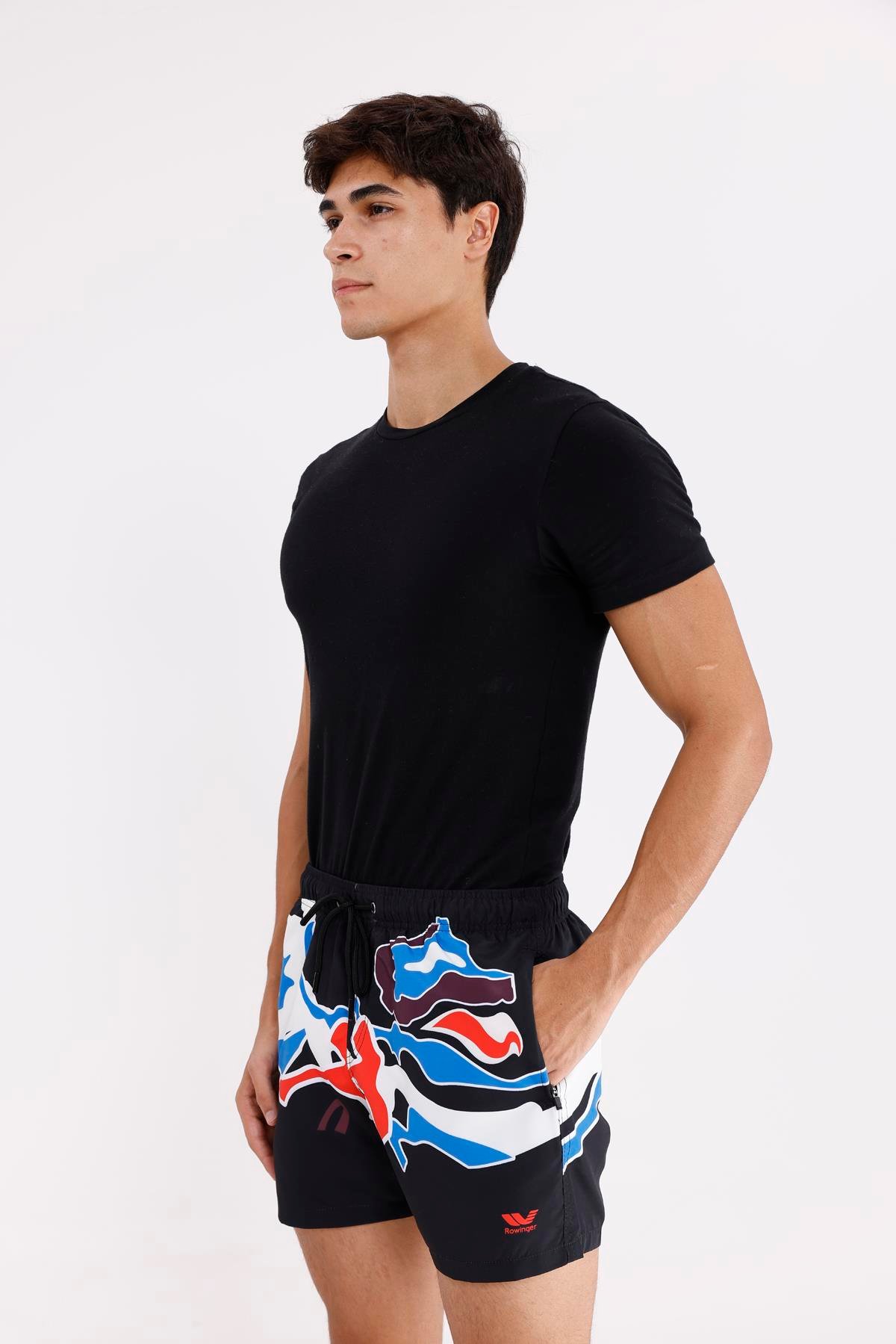 Dijital Desen Soyut Baskılı Elastik Bel Ayarlanabilir Bağcıklı İki Cepli Kısa Paça Hızlı Kuruyan Erkek Deniz Şortu