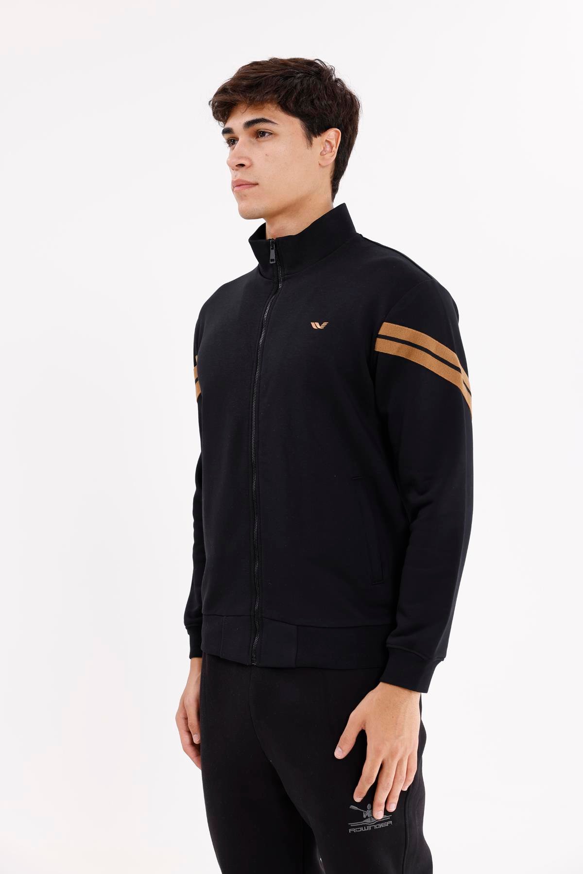 Dik Yaka Çift Şerit Kollu Tam Fermuarlı Sweatshirt