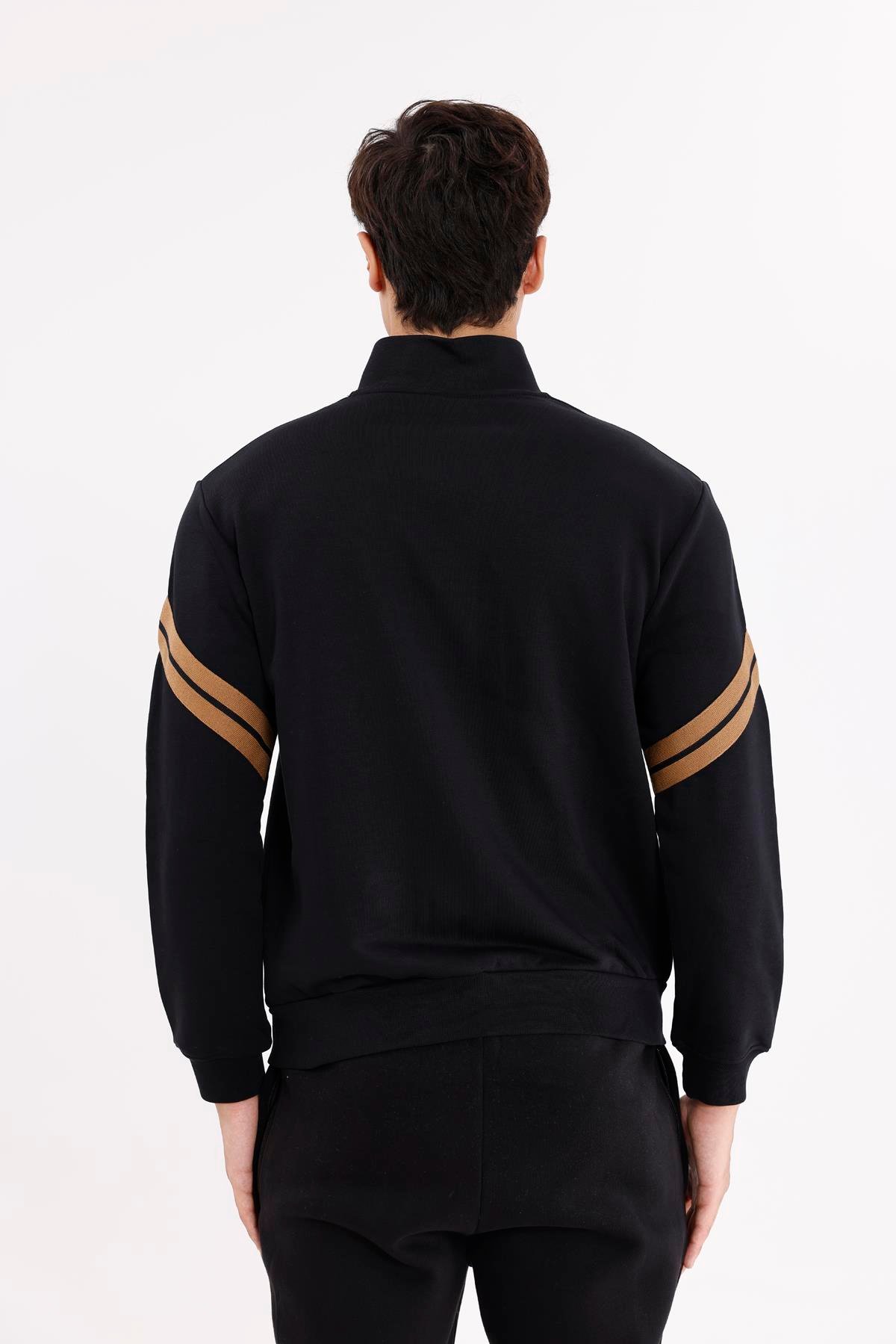 Dik Yaka Çift Şerit Kollu Tam Fermuarlı Sweatshirt