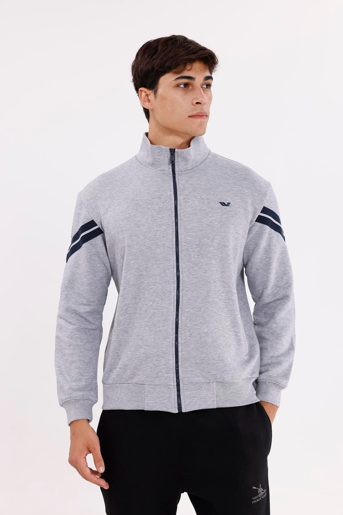 Dik Yaka Çift Şerit Kollu Tam Fermuarlı Sweatshirt