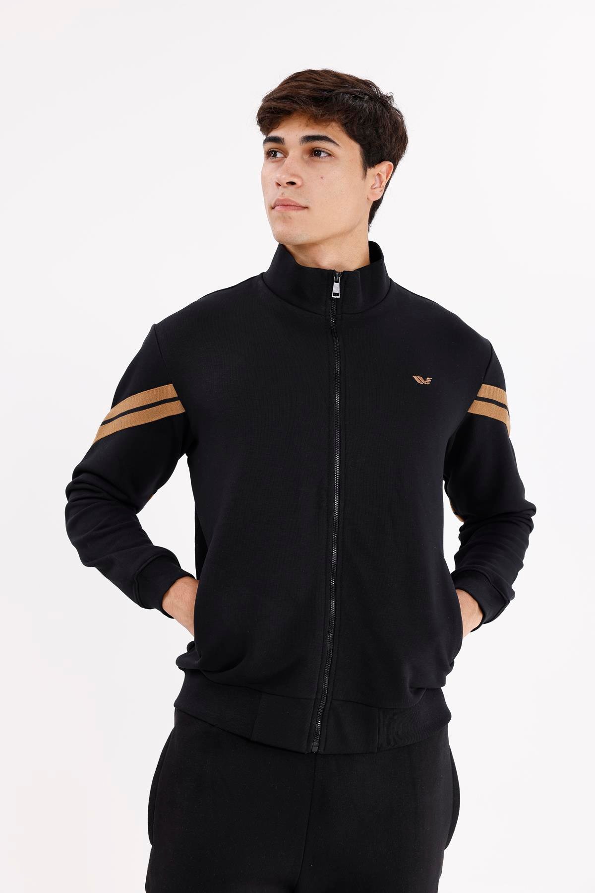 Dik Yaka Çift Şerit Kollu Tam Fermuarlı Sweatshirt