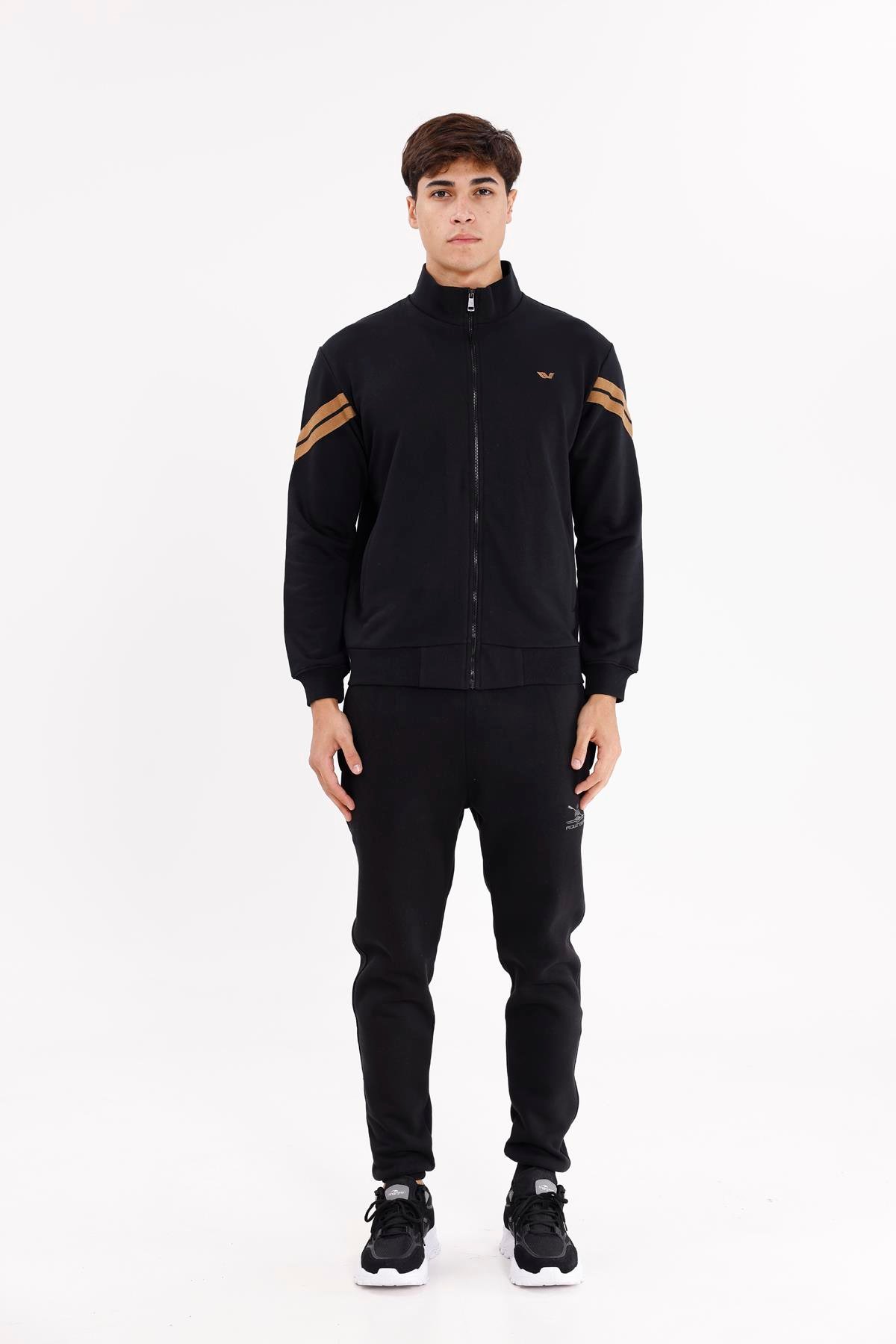 Dik Yaka Çift Şerit Kollu Tam Fermuarlı Sweatshirt