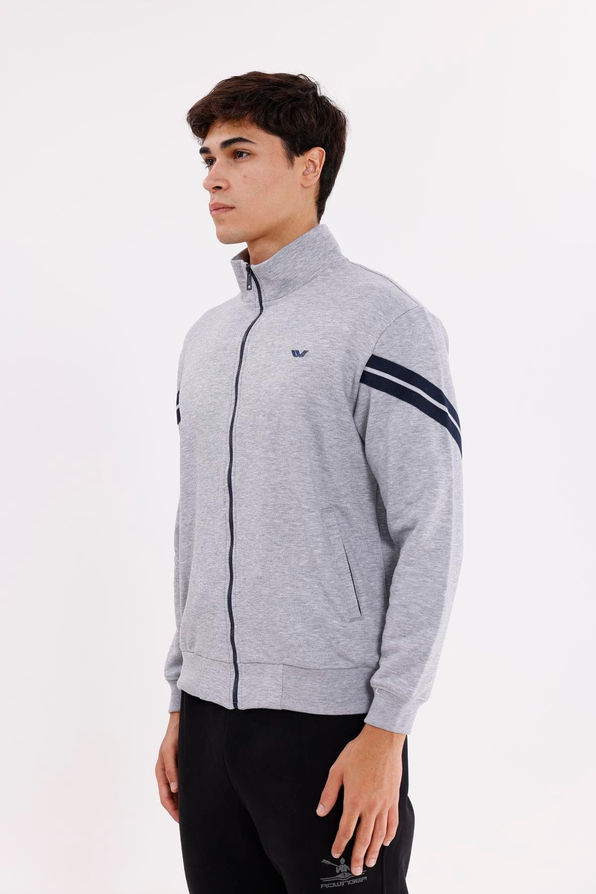 Dik Yaka Çift Şerit Kollu Tam Fermuarlı Sweatshirt
